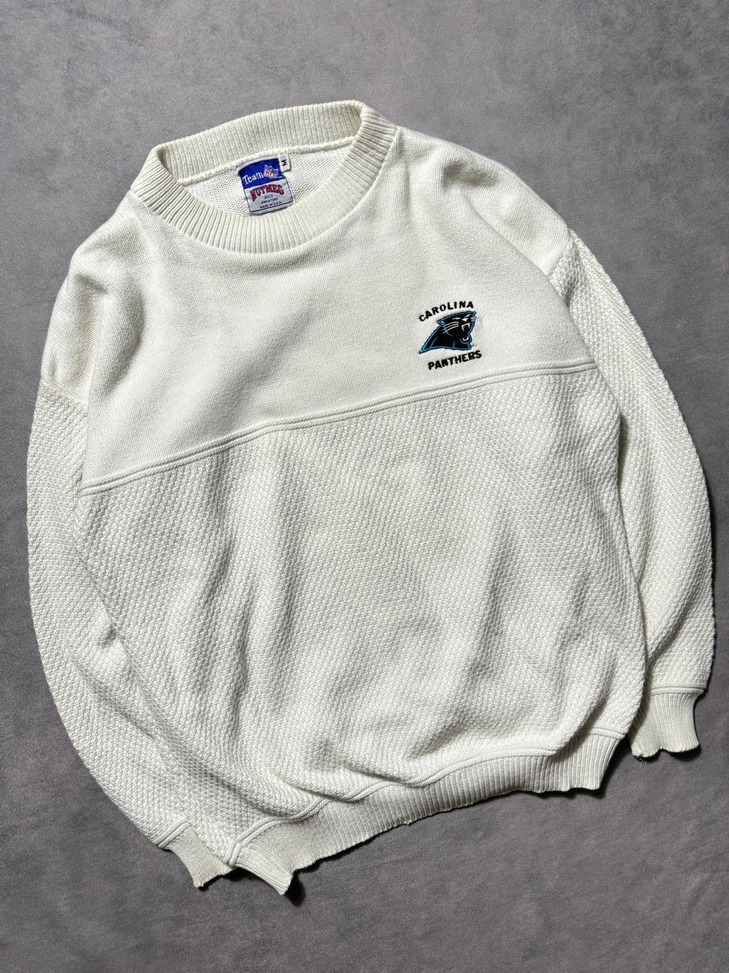 90’s Carolina Panthers Vintage White Nutmeg Mills Embroidered Woven Knit NFL Sweater (Medium)