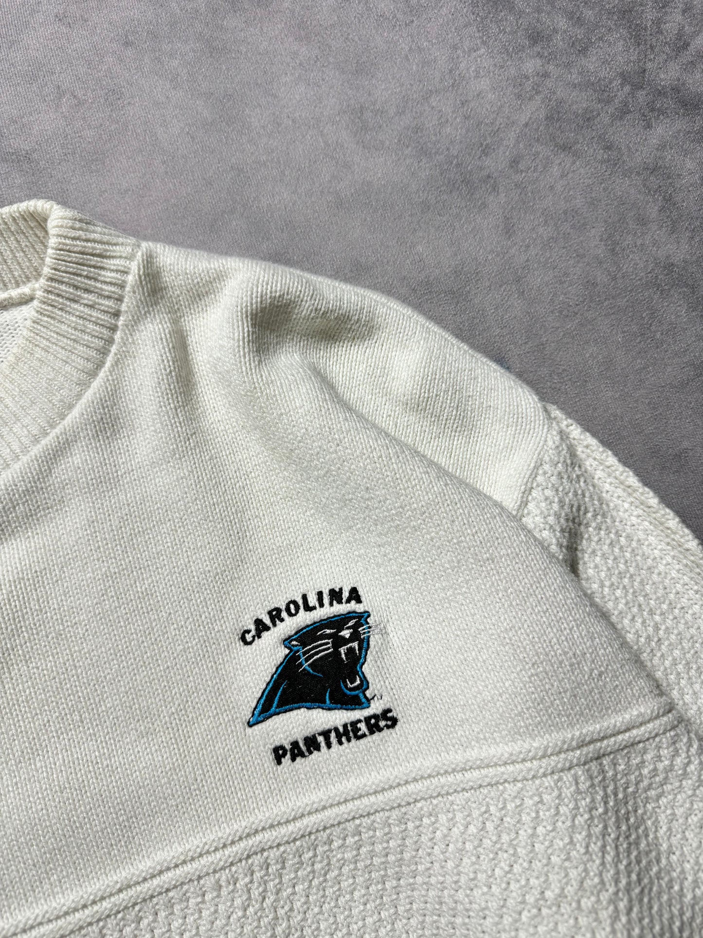 90’s Carolina Panthers Vintage White Nutmeg Mills Embroidered Woven Knit NFL Sweater (Medium)