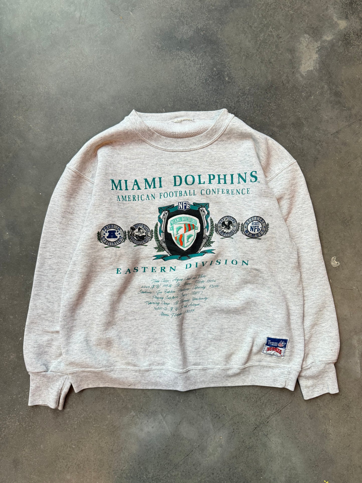 90’s Miami Dolphins Vintage Nutmeg Mills Heather Grey Embroidered NFL Crewneck (Medium)