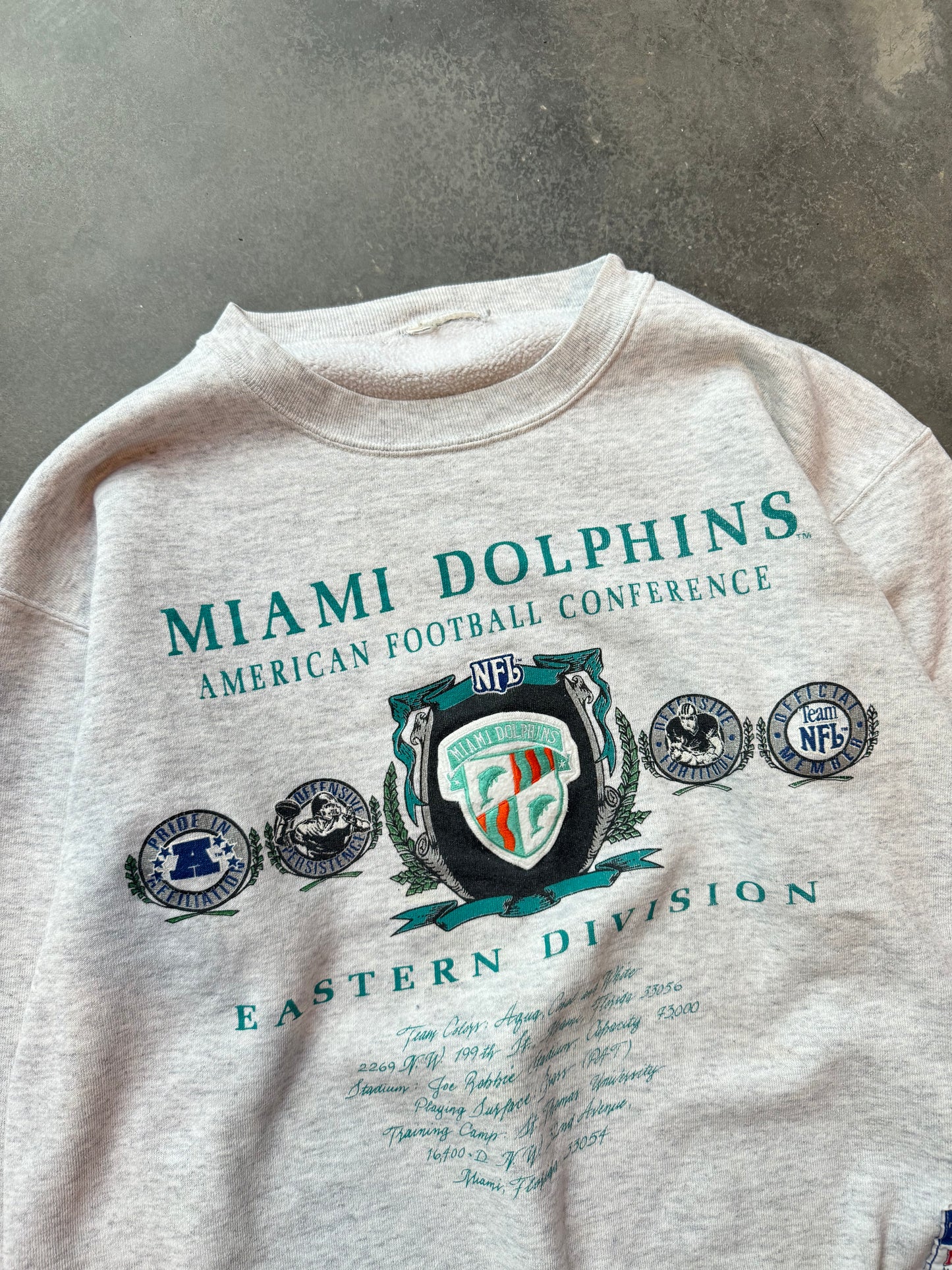 90’s Miami Dolphins Vintage Nutmeg Mills Heather Grey Embroidered NFL Crewneck (Medium)