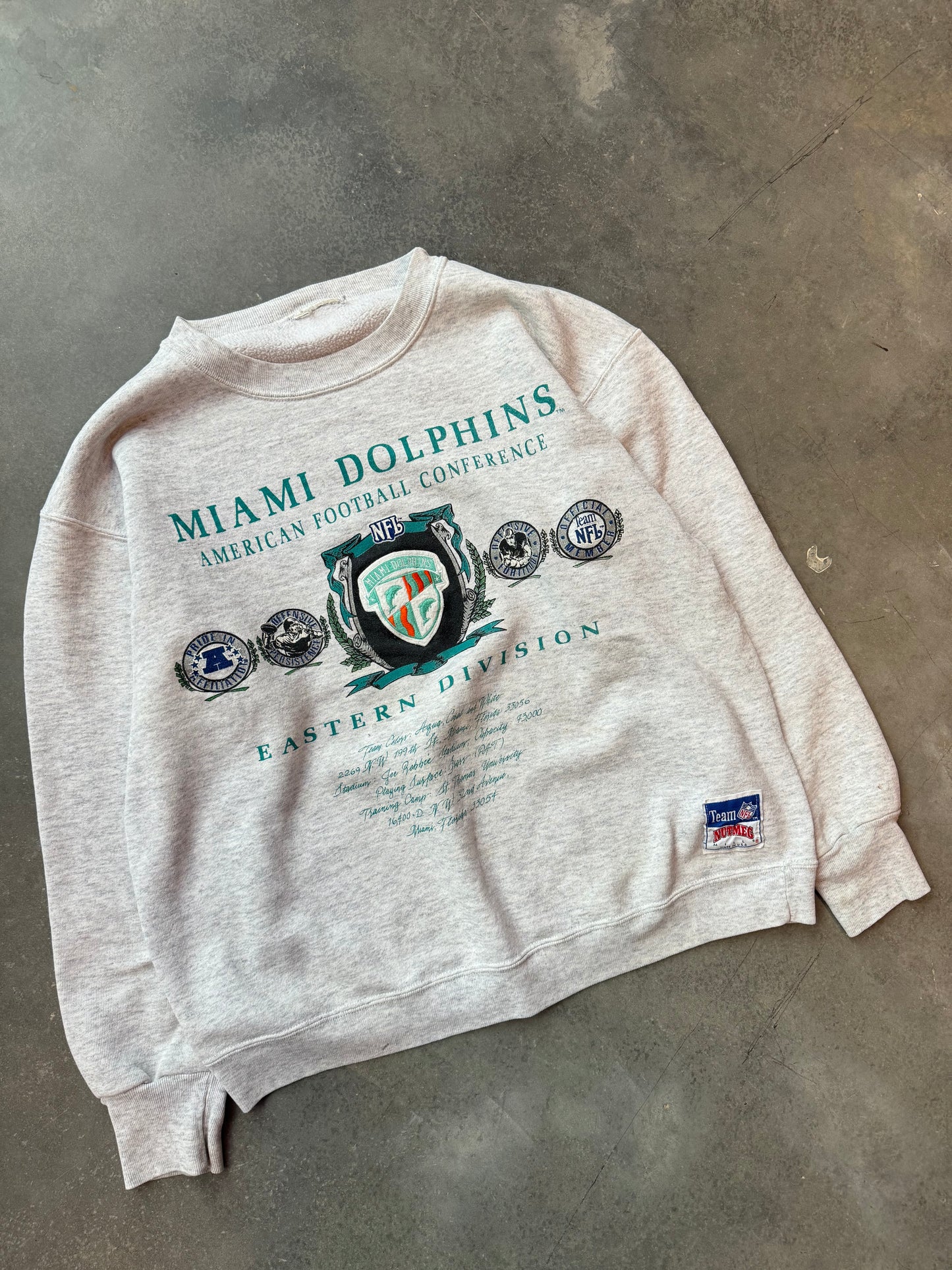 90’s Miami Dolphins Vintage Nutmeg Mills Heather Grey Embroidered NFL Crewneck (Medium)