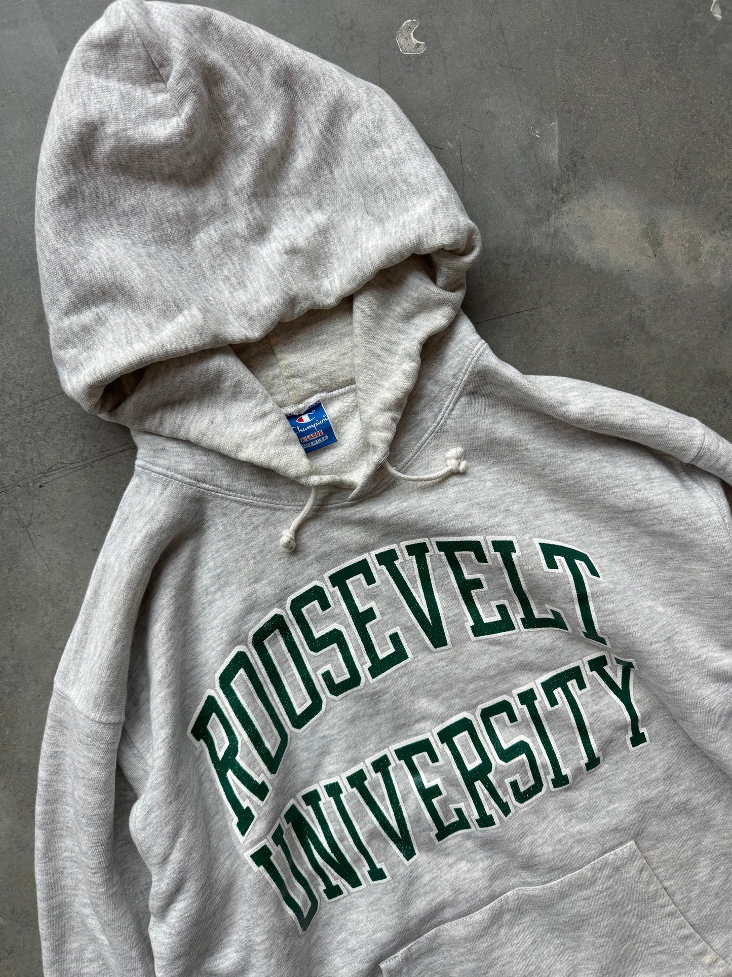 80’s Roosevelt University Vintage Heather Grey Champion College Hoodie (XL)