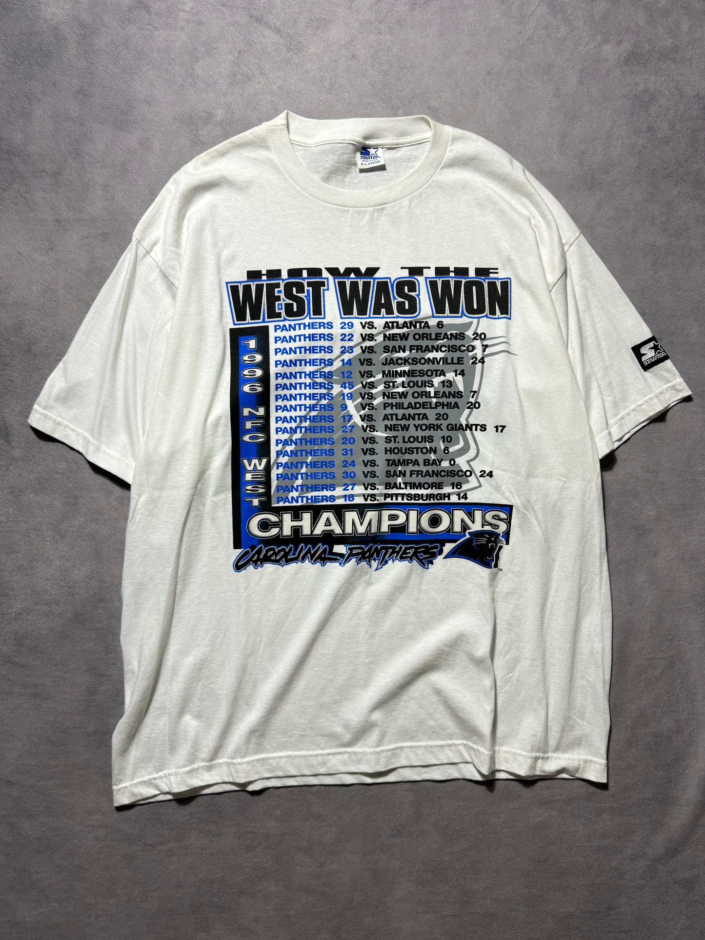 1996 Carolina Panthers Vintage White Starter “How The West Was Won” NFC Western Division Champions Cat Scratch Font Schedule NFL Tee - Deadstock (XL)