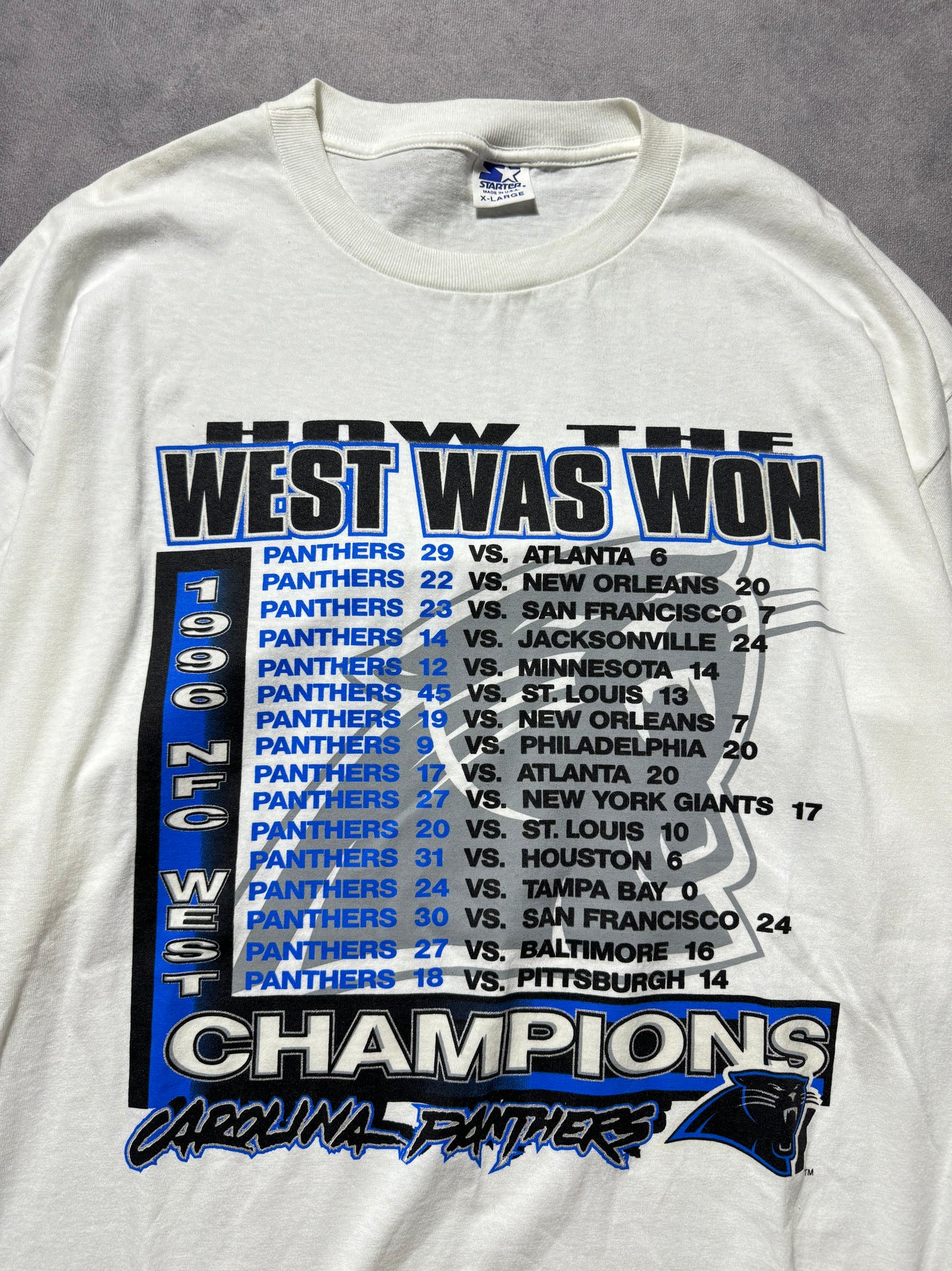 1996 Carolina Panthers Vintage White Starter “How The West Was Won” NFC Western Division Champions Cat Scratch Font Schedule NFL Tee - Deadstock (XL)