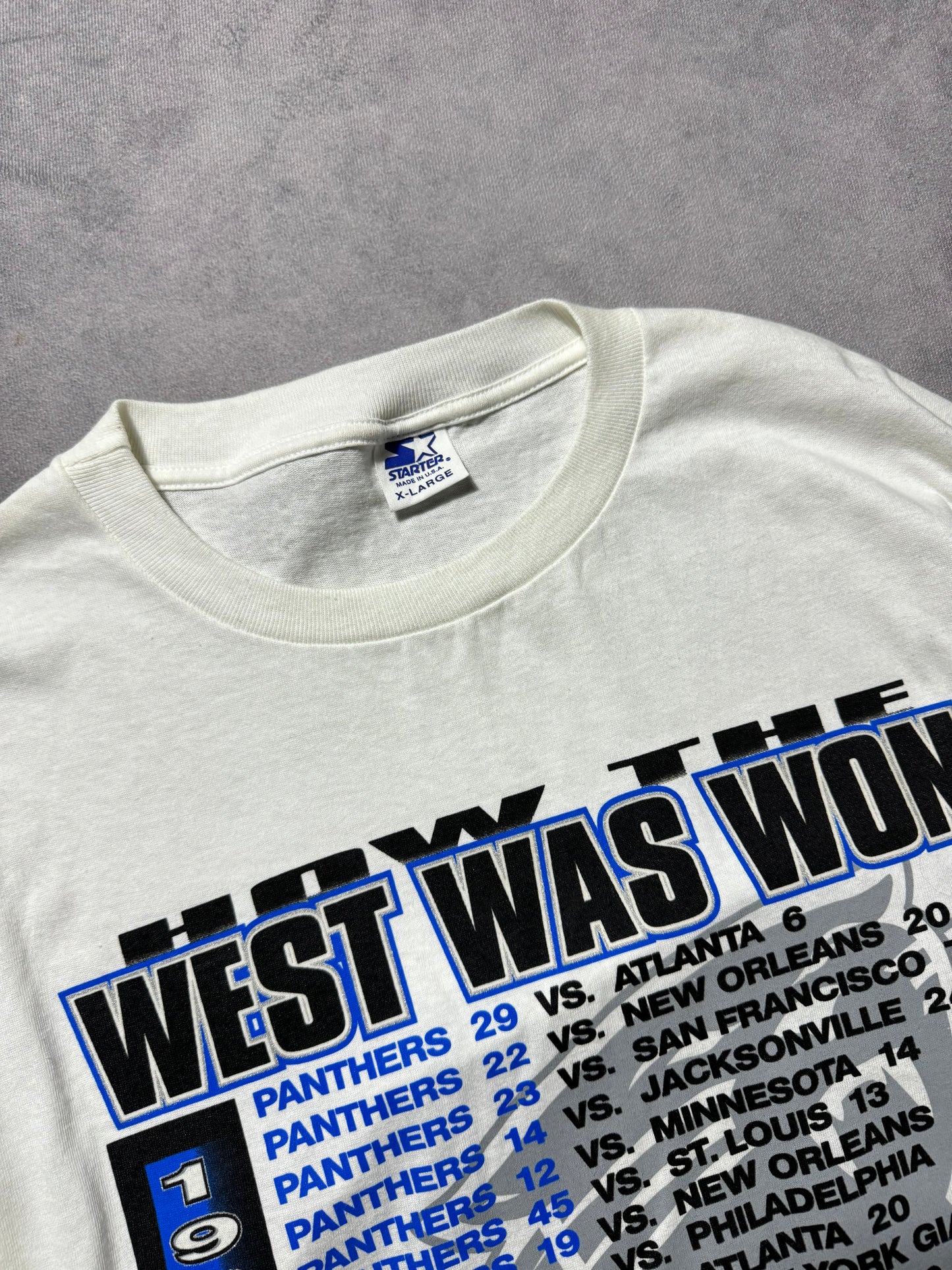 1996 Carolina Panthers Vintage White Starter “How The West Was Won” NFC Western Division Champions Cat Scratch Font Schedule NFL Tee - Deadstock (XL)