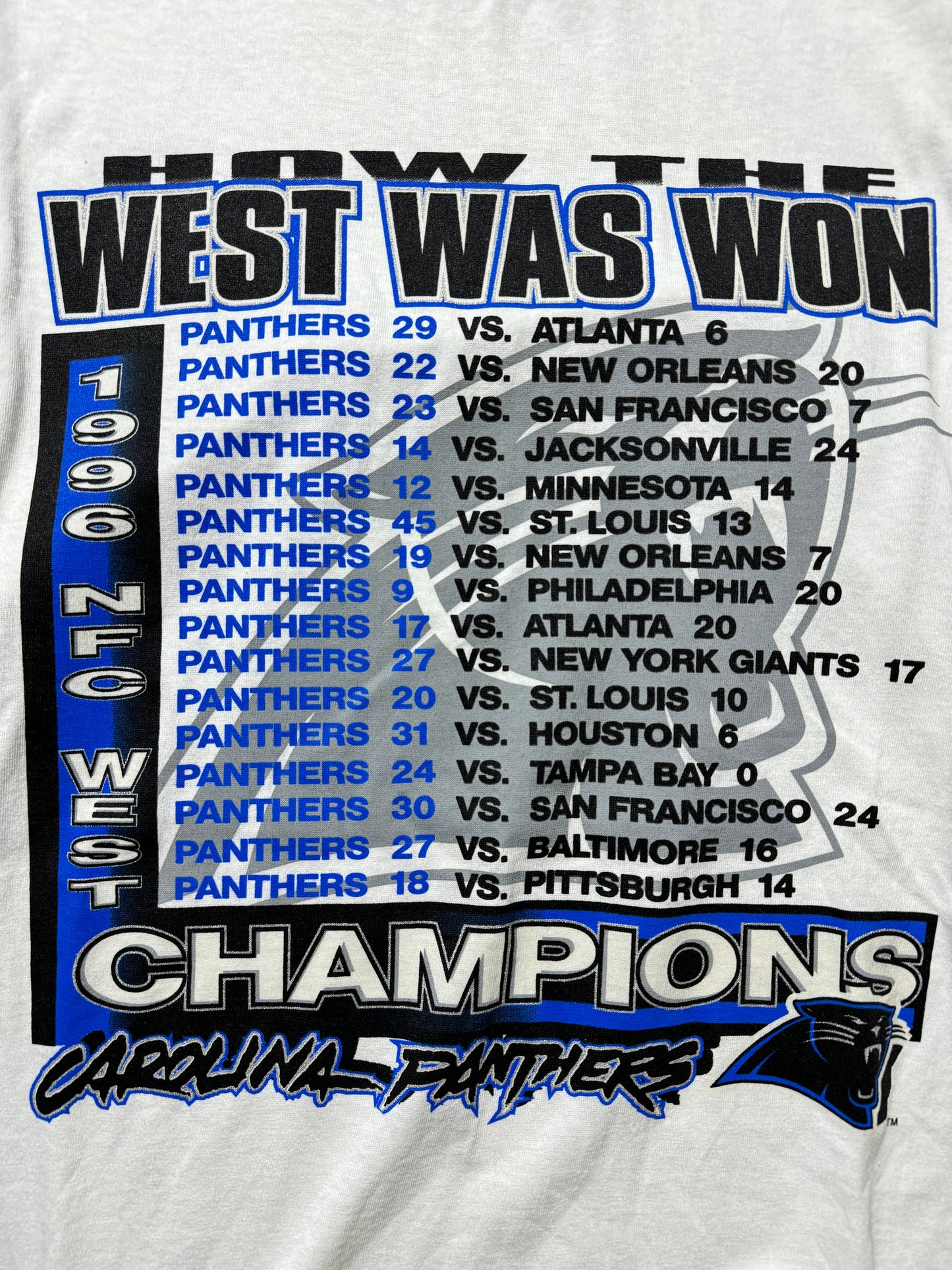 1996 Carolina Panthers Vintage White Starter “How The West Was Won” NFC Western Division Champions Cat Scratch Font Schedule NFL Tee - Deadstock (XL)