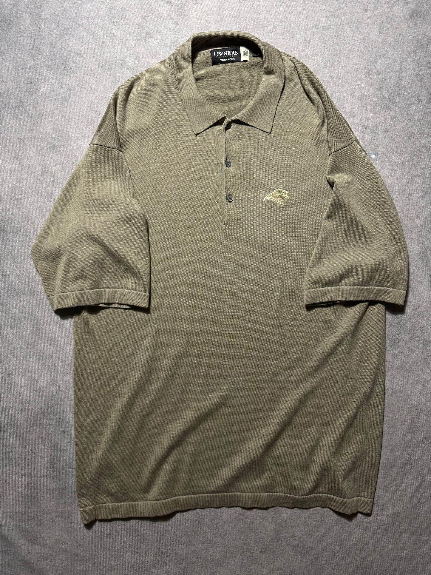 00’s Carolina Panthers Vintage Khaki Reebok Owner’s Collection Heavyweight Collared NFL Polo Shirt (XL)