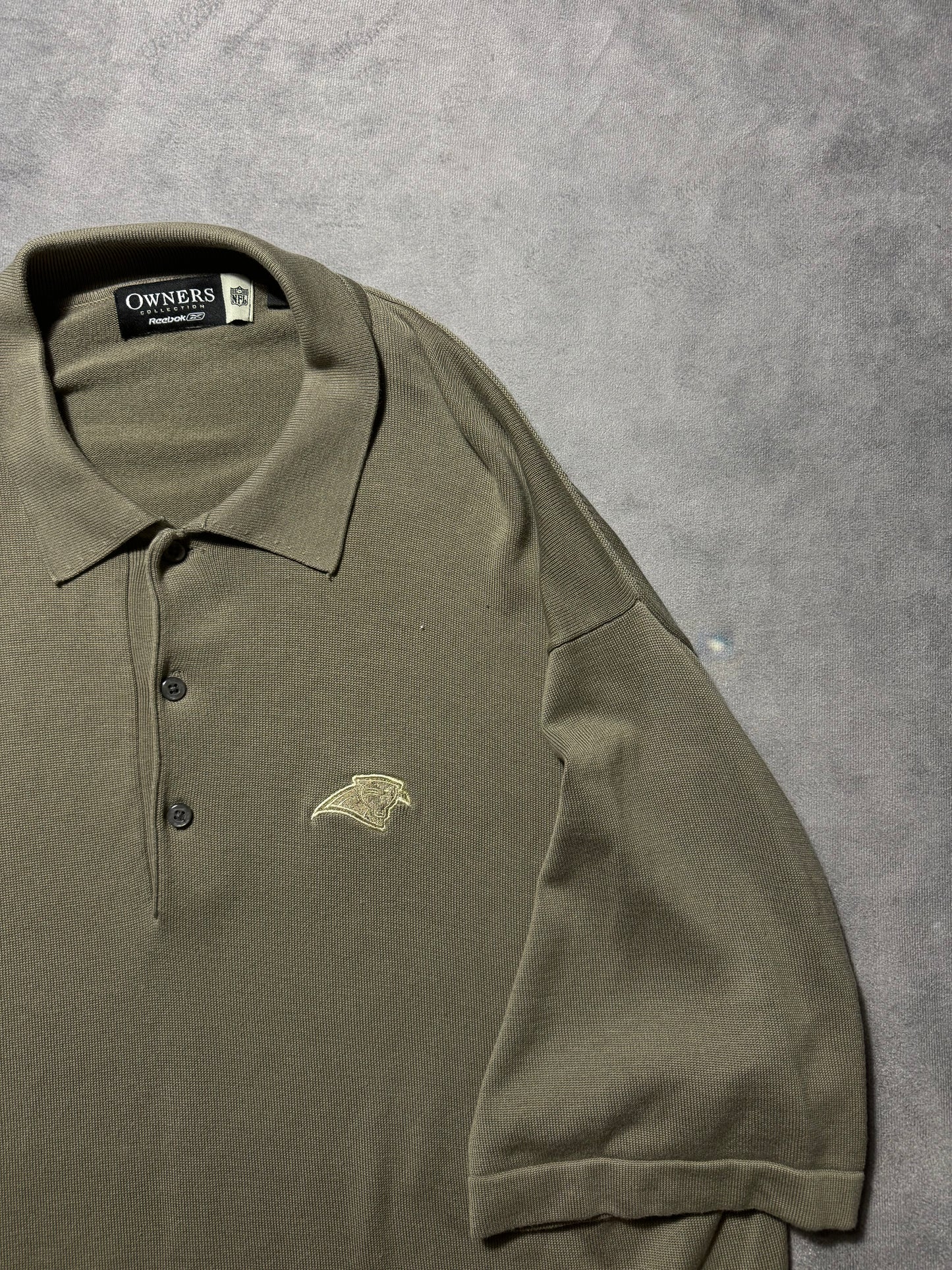 00’s Carolina Panthers Vintage Khaki Reebok Owner’s Collection Heavyweight Collared NFL Polo Shirt (XL)