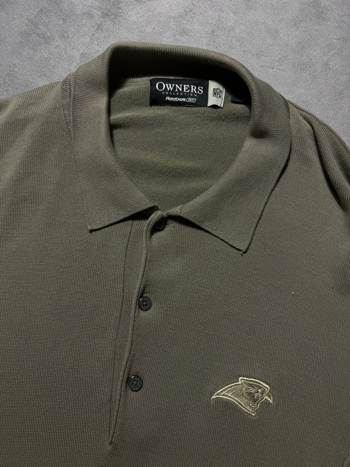 00’s Carolina Panthers Vintage Khaki Reebok Owner’s Collection Heavyweight Collared NFL Polo Shirt (XL)