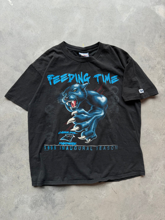 1995 Carolina Panthers Inaugural Season “Feeding Time” Vintage Lee Sport Realistic Cat NFL Tee (XL)