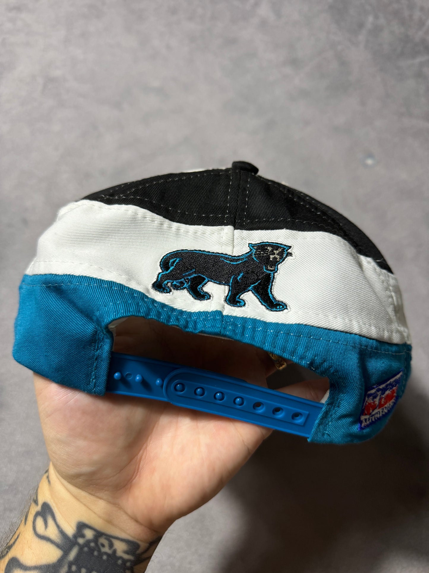 90’s Carolina Panthers Vintage Logo Athletic Geometric Alternate Full Cat NFL Snapback Hat - Deadstock (OSFA)