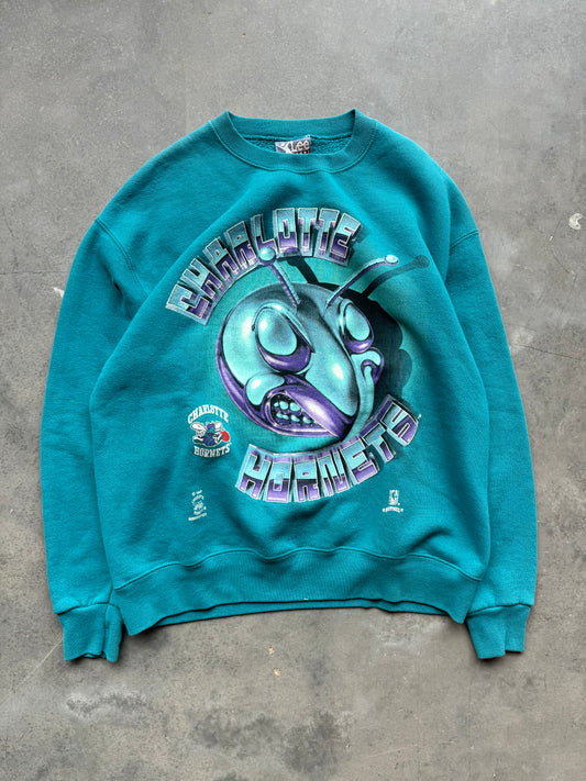 90’s Charlotte Hornets Vintage Teal Lee Sport Chromed Out Hugo Big Logo NBA Crewneck (Large)