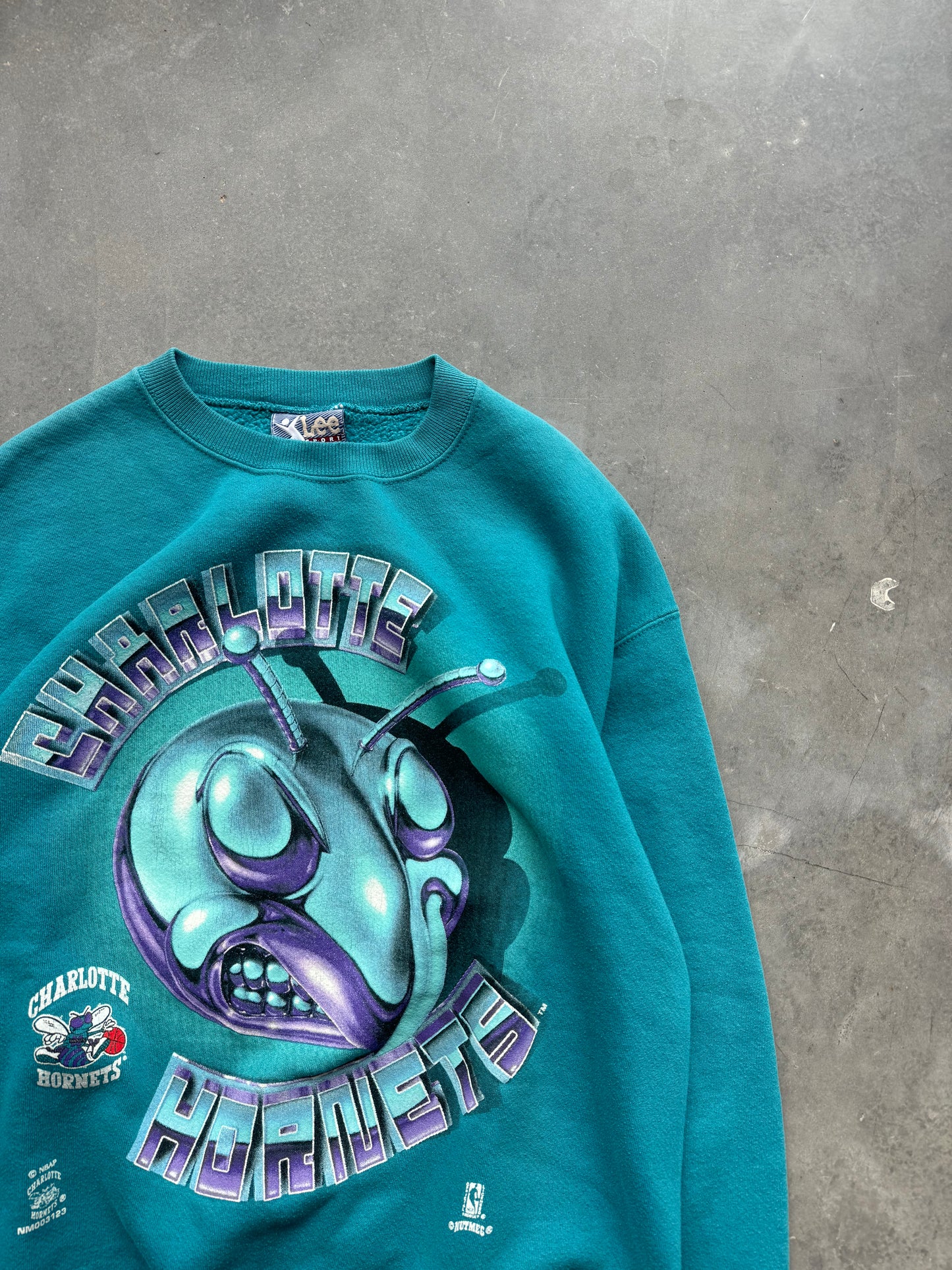 90’s Charlotte Hornets Vintage Teal Lee Sport Chromed Out Hugo Big Logo NBA Crewneck (Large)