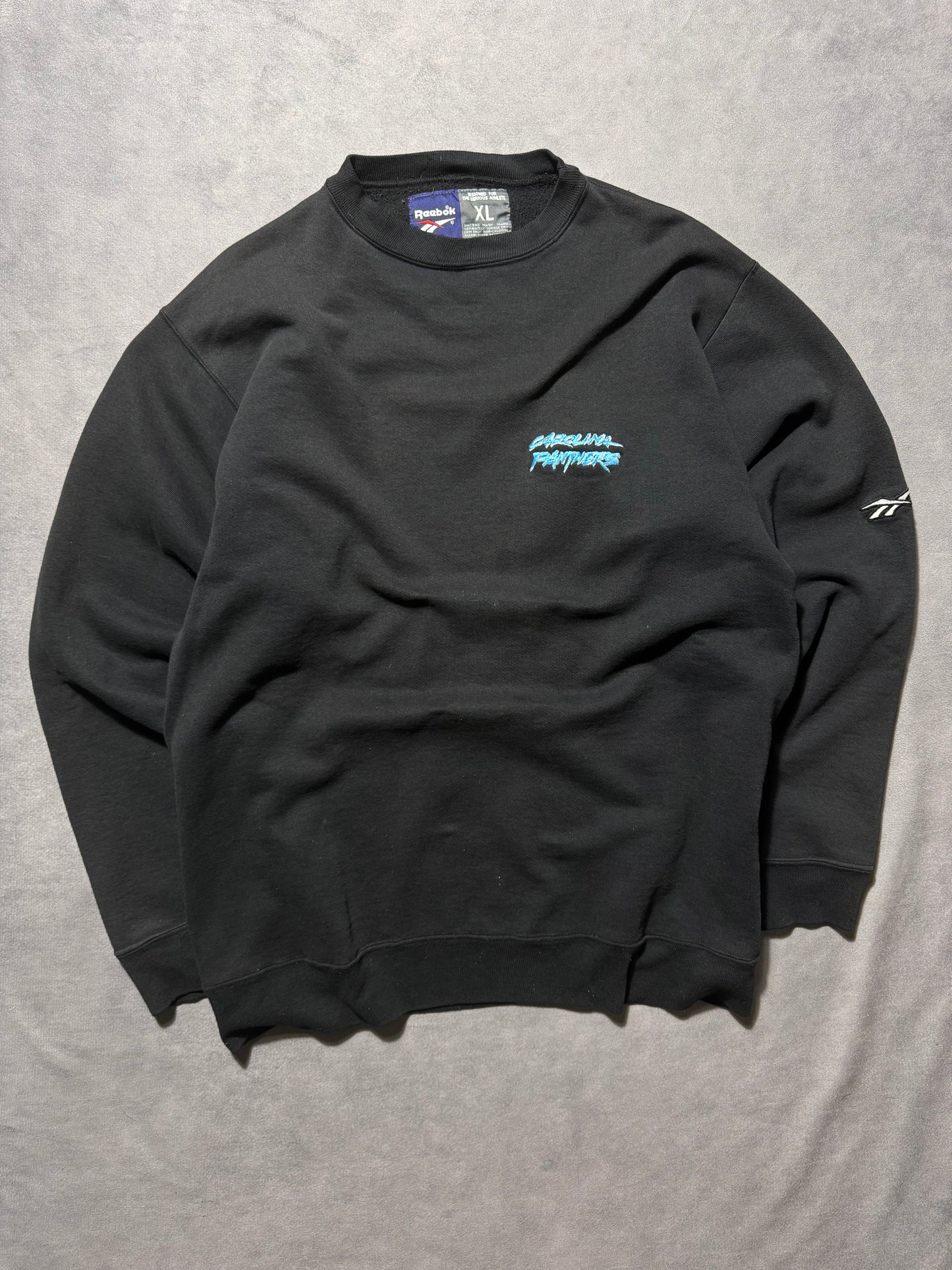 1995 Carolina Panthers Vintage Black Reebok Cat Scratch Font Heavyweight Spellout NFL Crewneck (XL)