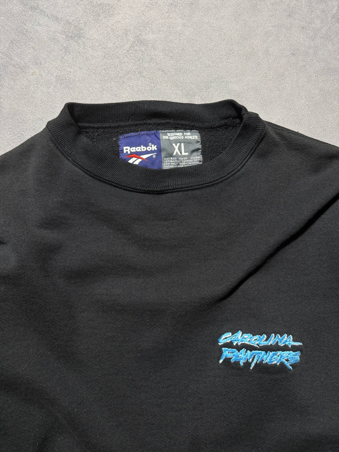 1995 Carolina Panthers Vintage Black Reebok Cat Scratch Font Heavyweight Spellout NFL Crewneck (XL)