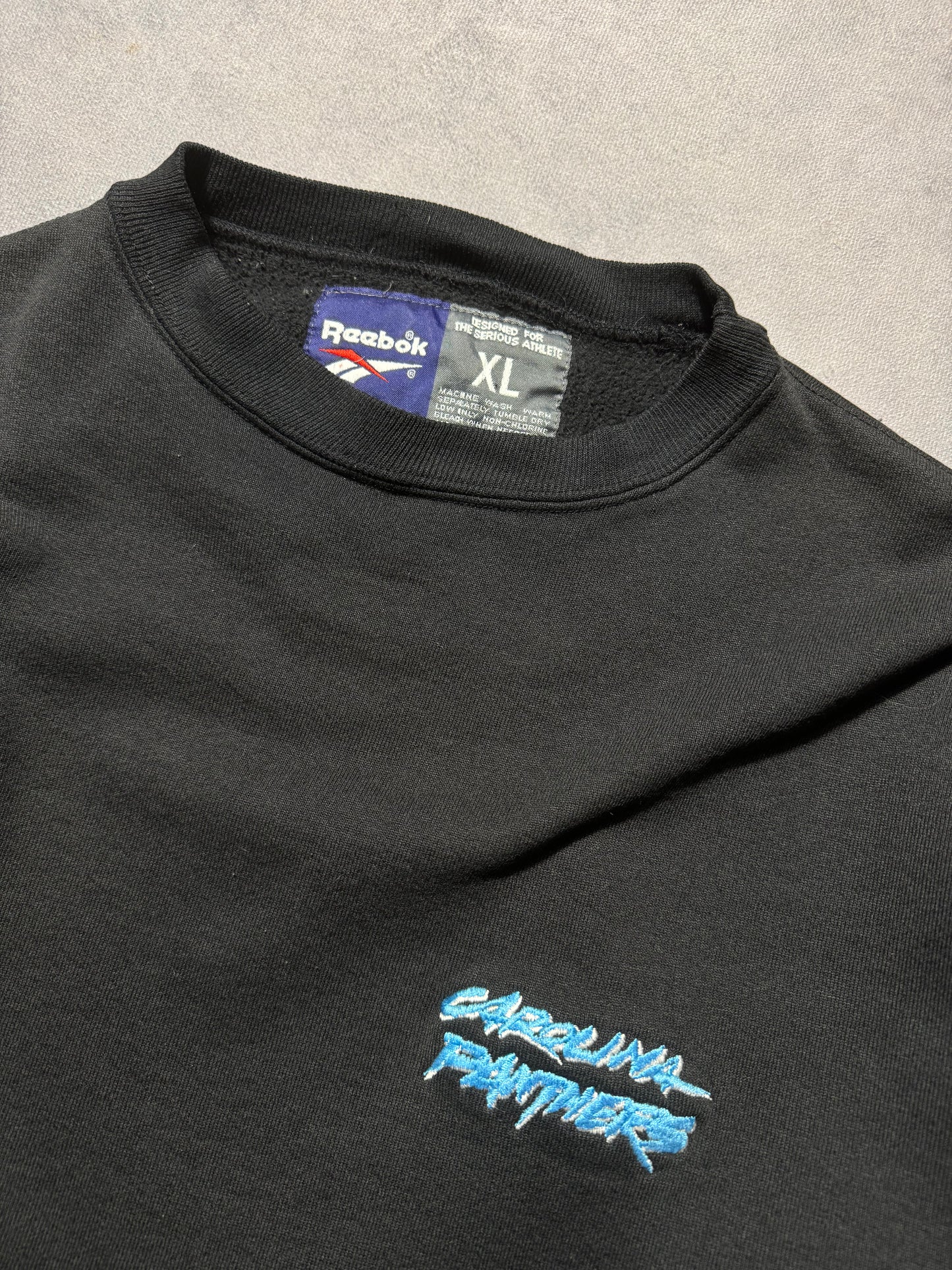1995 Carolina Panthers Vintage Black Reebok Cat Scratch Font Heavyweight Spellout NFL Crewneck (XL)