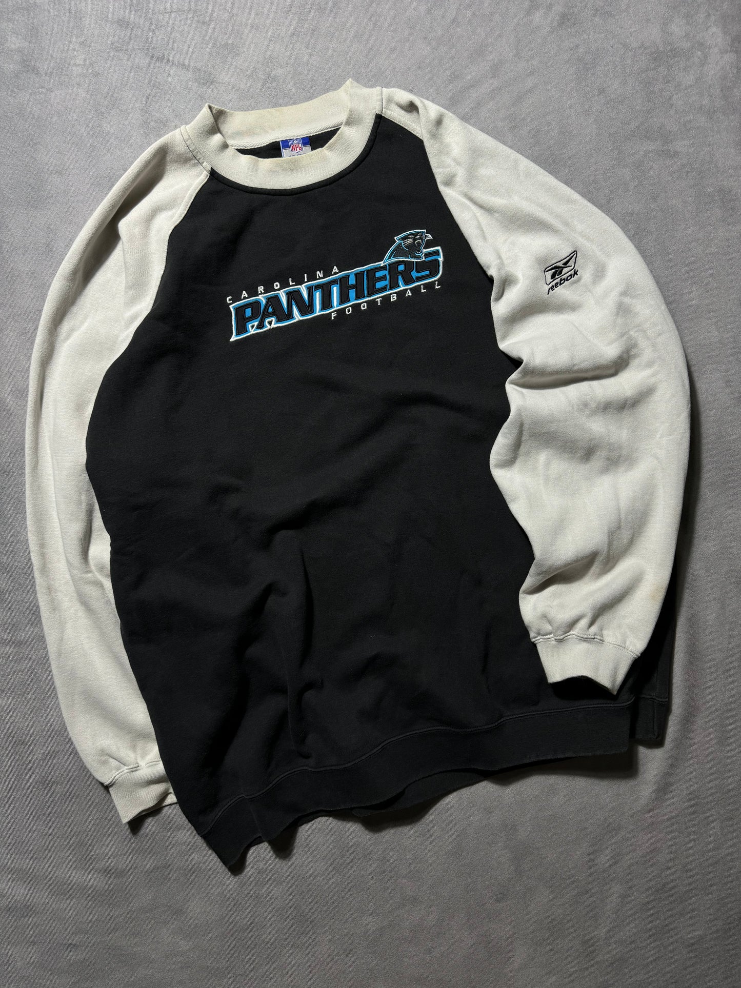 00’s Carolina Panthers Vintage Black/Khaki Embroidered Reebok NFL Crewneck (XXL)