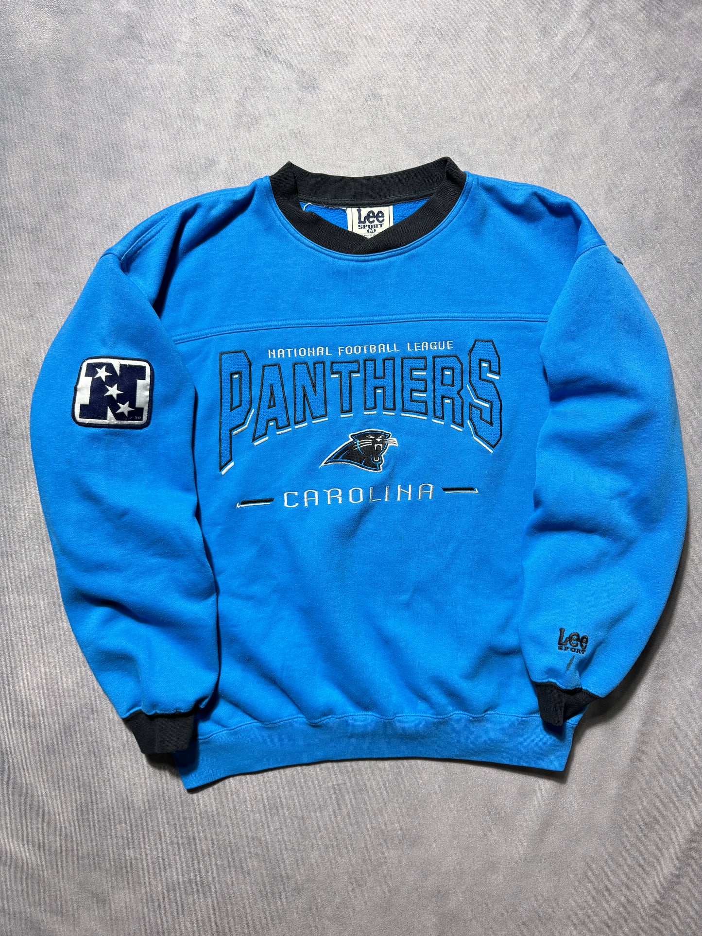 90’s Carolina Panthers Vintage Electric Blue Lee Sport NFC Patch Embroidered NFL Crewneck (Medium)