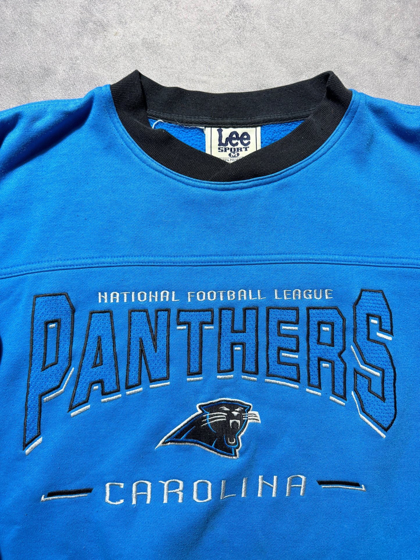 90’s Carolina Panthers Vintage Electric Blue Lee Sport NFC Patch Embroidered NFL Crewneck (Medium)