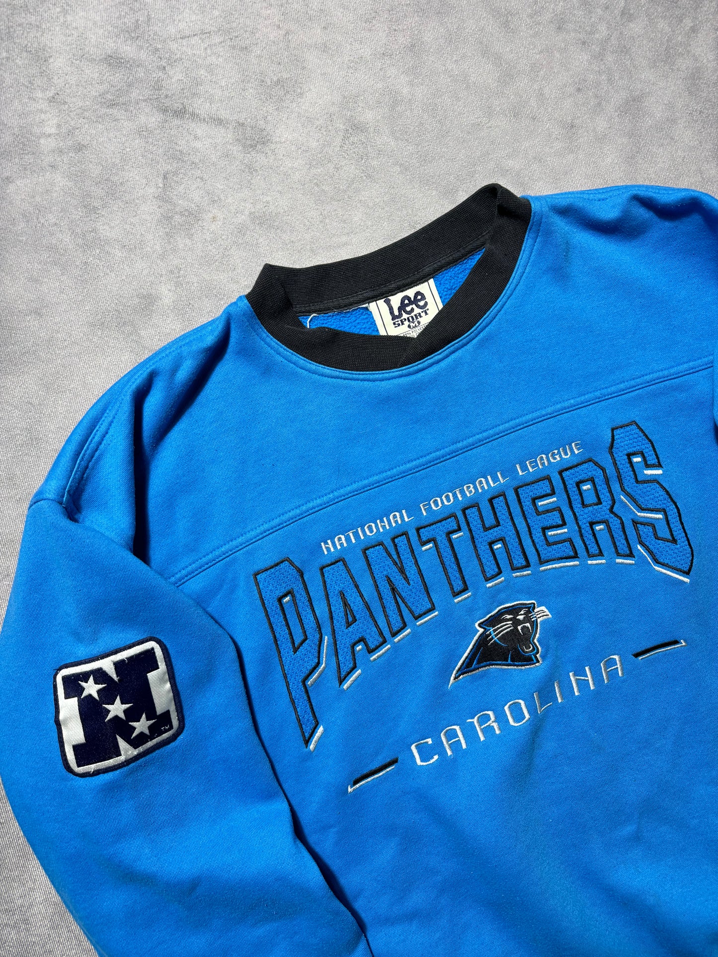 90’s Carolina Panthers Vintage Electric Blue Lee Sport NFC Patch Embroidered NFL Crewneck (Medium)