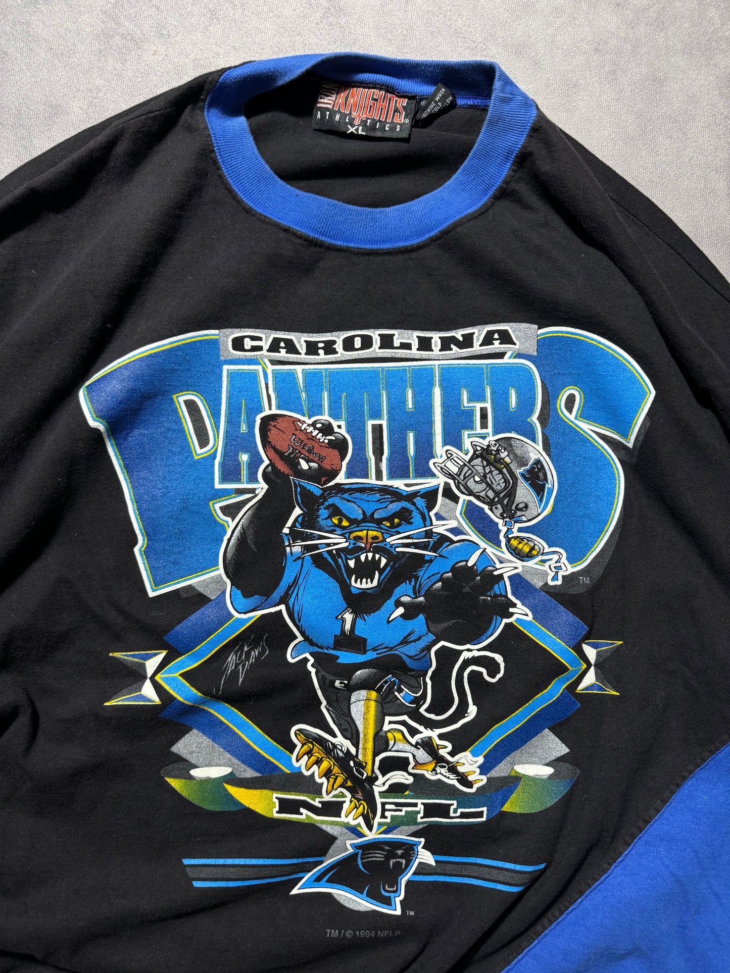 1995 Carolina Panthers x Jack Davis Vintage Black/Blue Inaugural Season Cartoon Cat Longsleeve NFL Tee (XL)