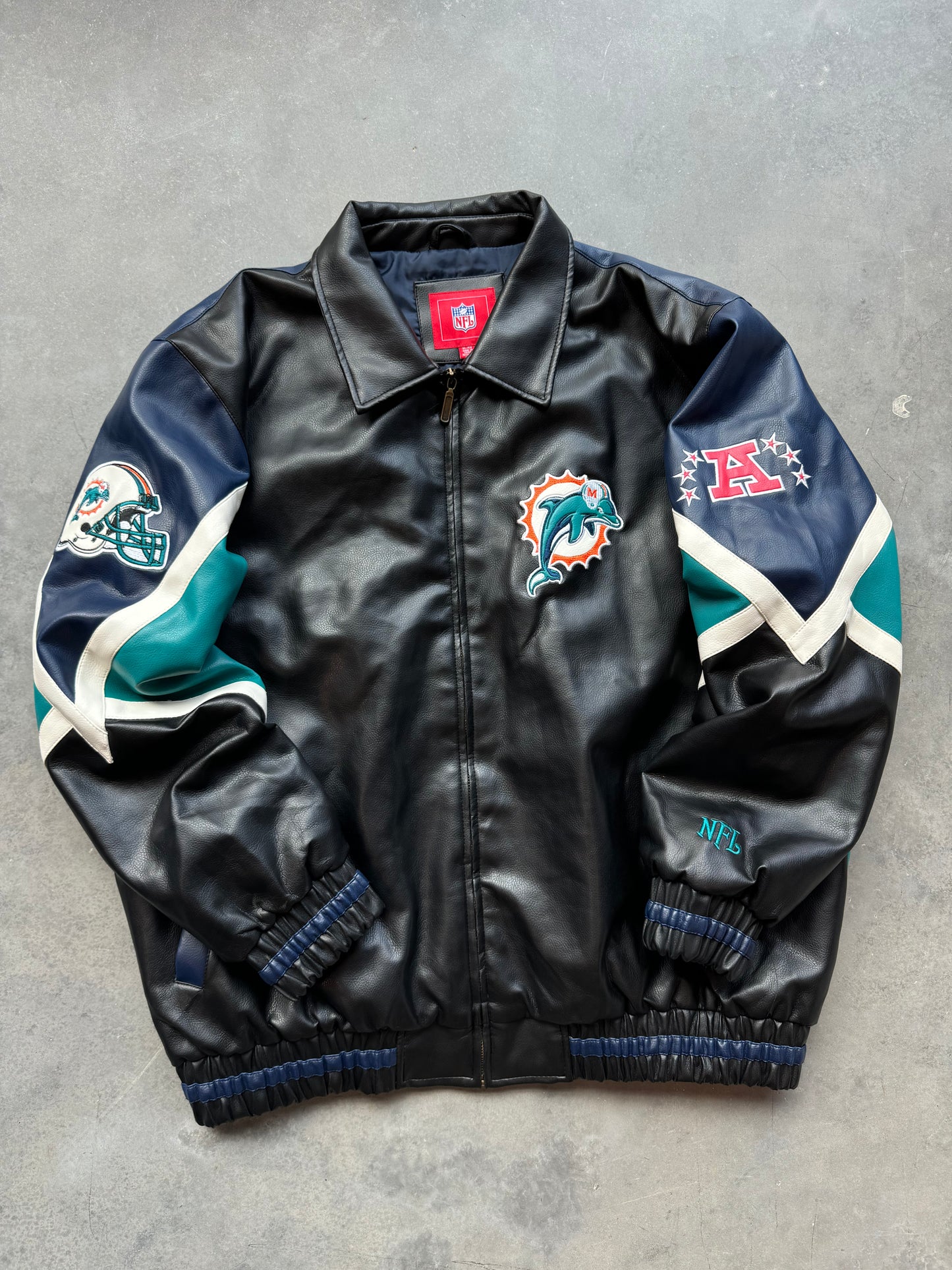 00’s Miami Dolphins Vintage NFL Big Logos Leather Jacket - Deadstock (XL)