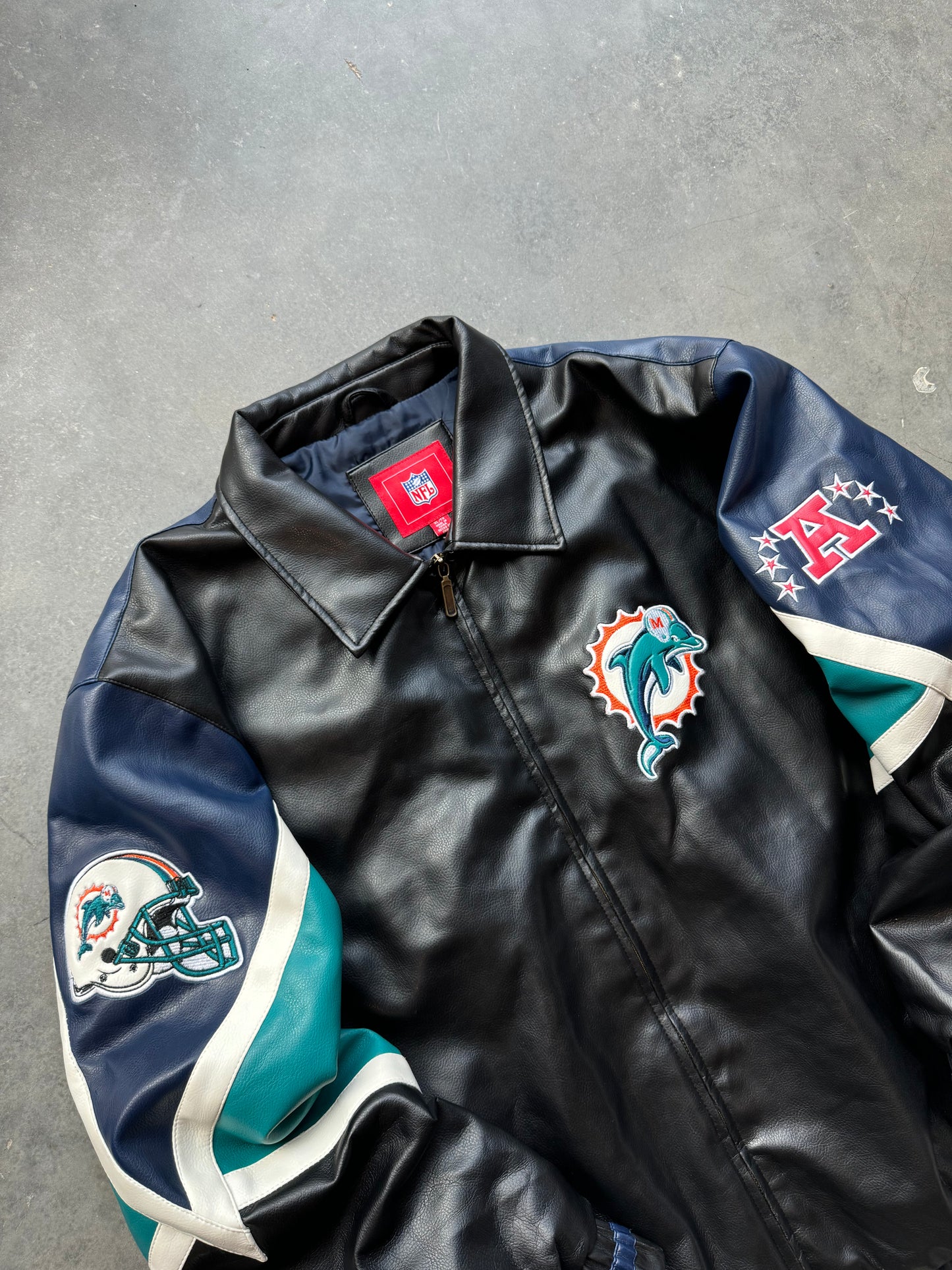 00’s Miami Dolphins Vintage NFL Big Logos Leather Jacket - Deadstock (XL)