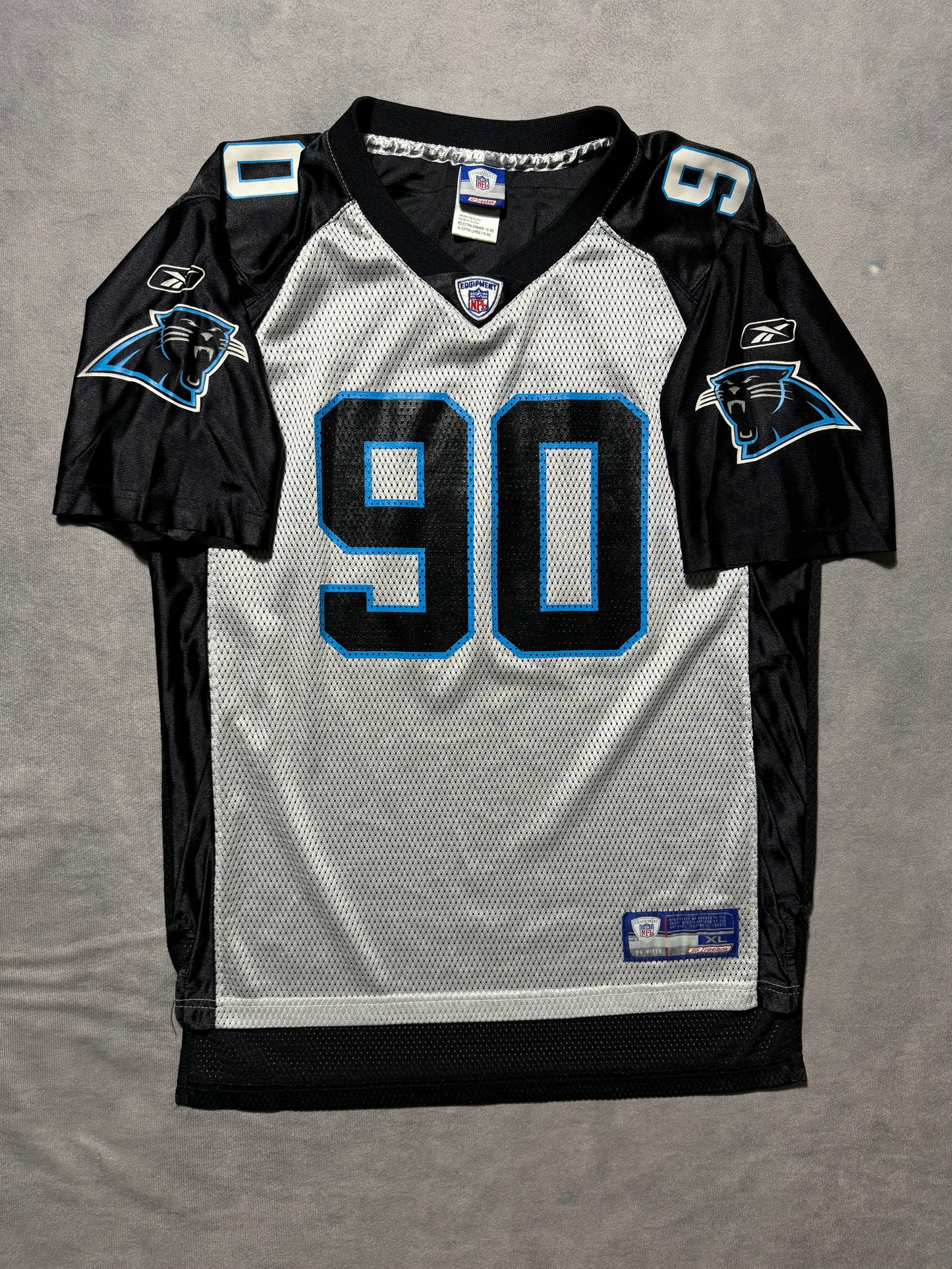 00’s Carolina Panthers Julius Peppers Vintage Two Tone Reebok NFL Jersey (Youth XL)