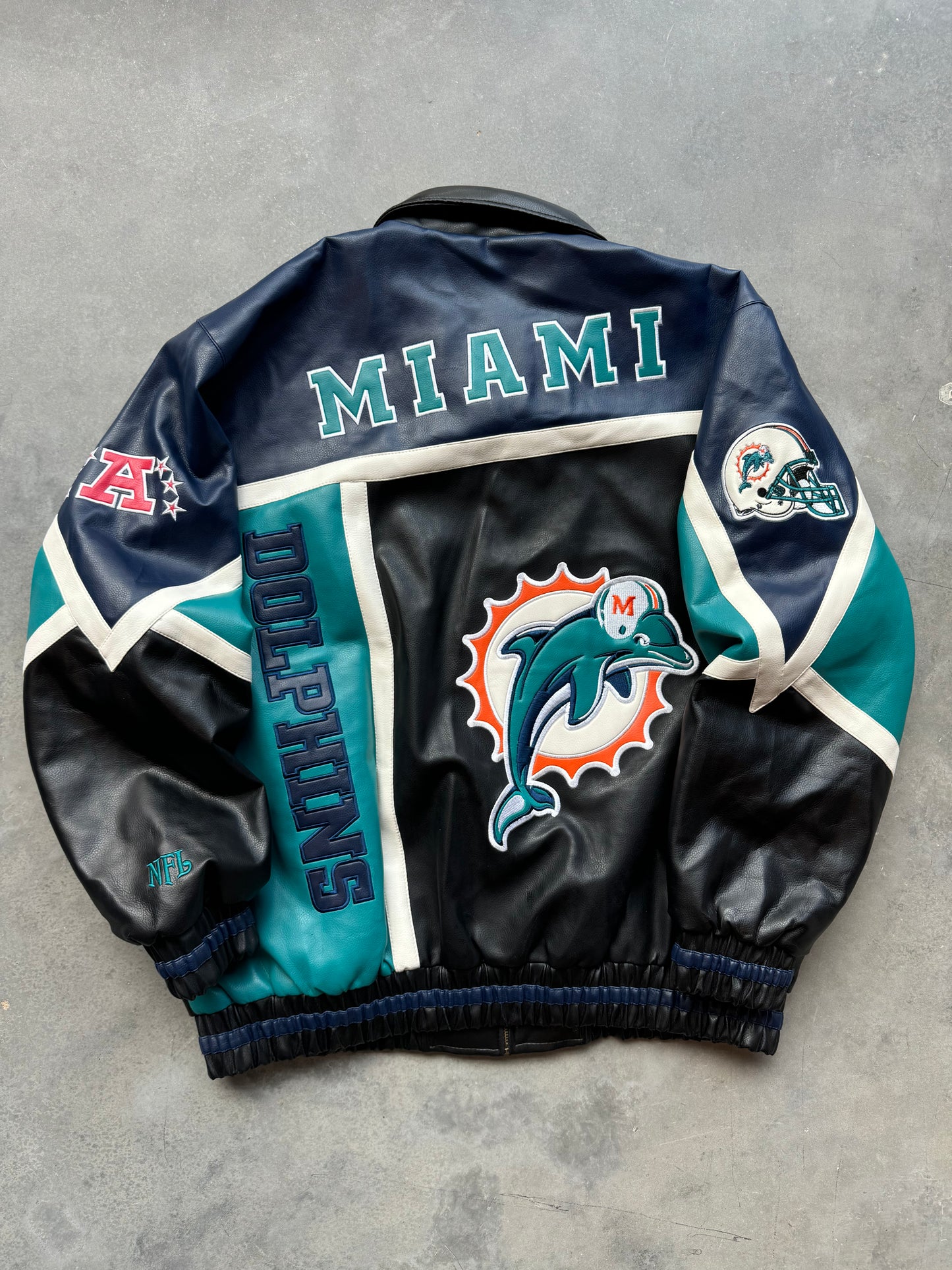 00’s Miami Dolphins Vintage NFL Big Logos Leather Jacket - Deadstock (XL)