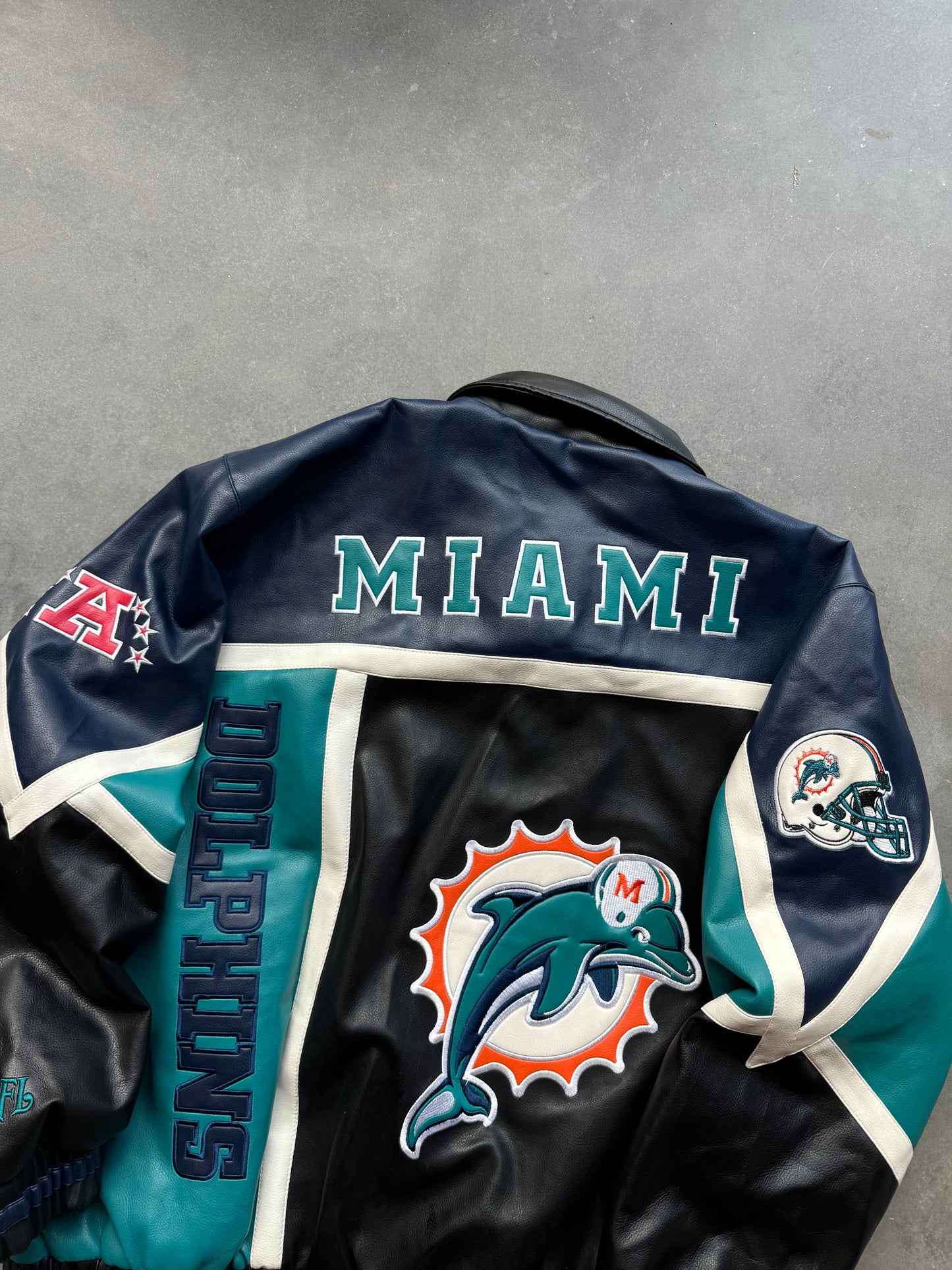 00’s Miami Dolphins Vintage NFL Big Logos Leather Jacket - Deadstock (XL)