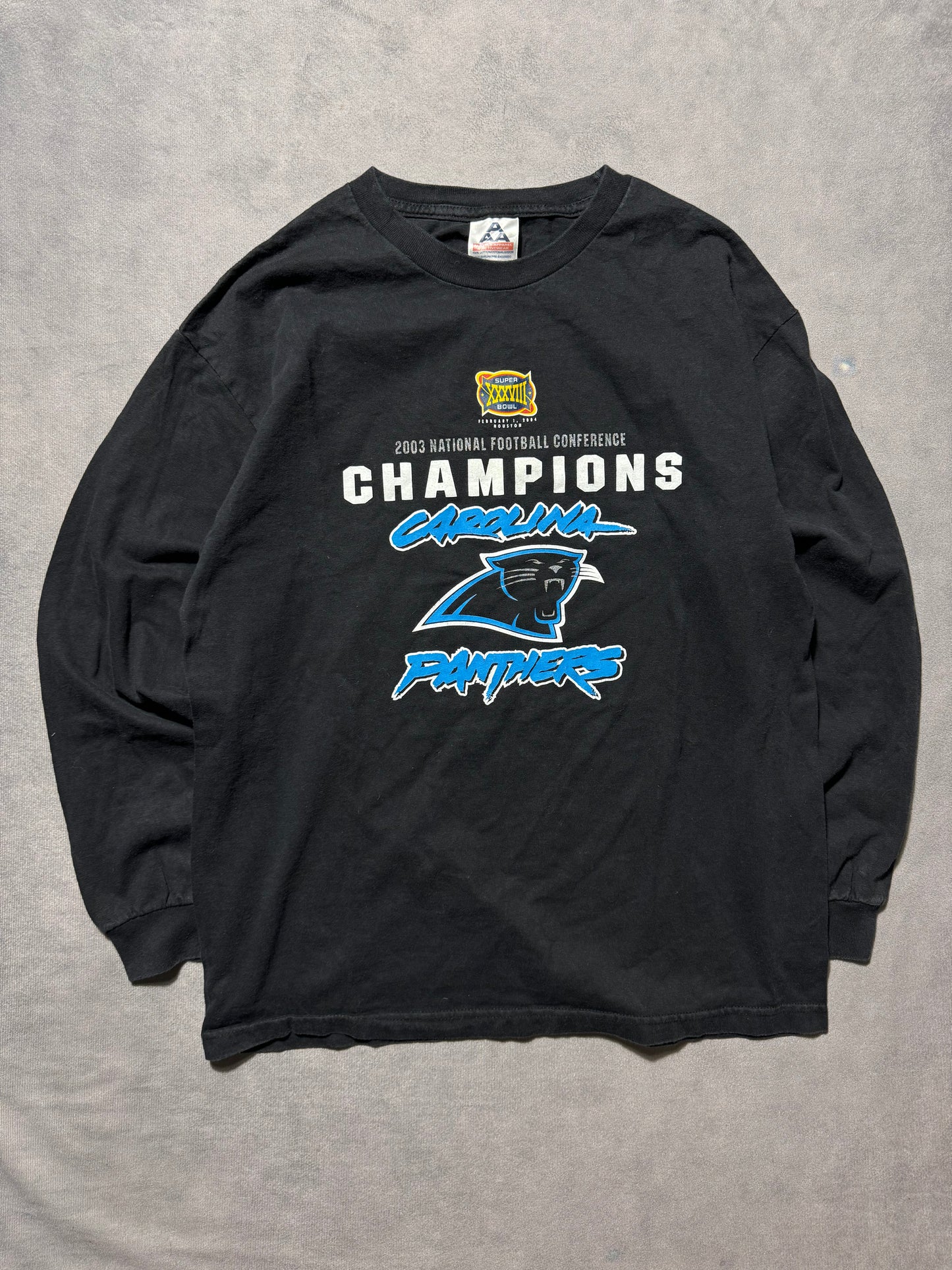 2003 Carolina Panthers Vintage Black NFC Champions Super Bowl XXXVIII Cat Scratch Font Longsleeve NFL Tee (Medium)