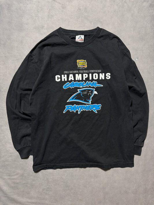 2003 Carolina Panthers Vintage Black NFC Champions Super Bowl XXXVIII Cat Scratch Font Longsleeve NFL Tee (Medium)