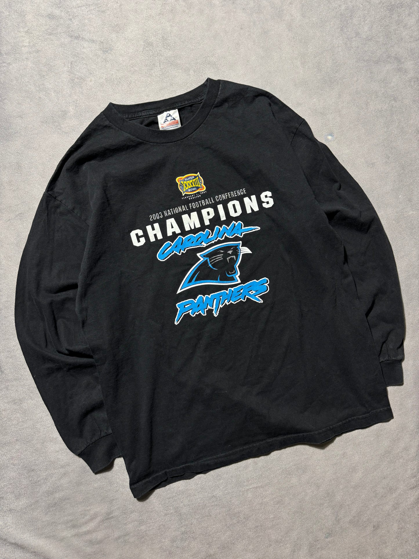 2003 Carolina Panthers Vintage Black NFC Champions Super Bowl XXXVIII Cat Scratch Font Longsleeve NFL Tee (Medium)