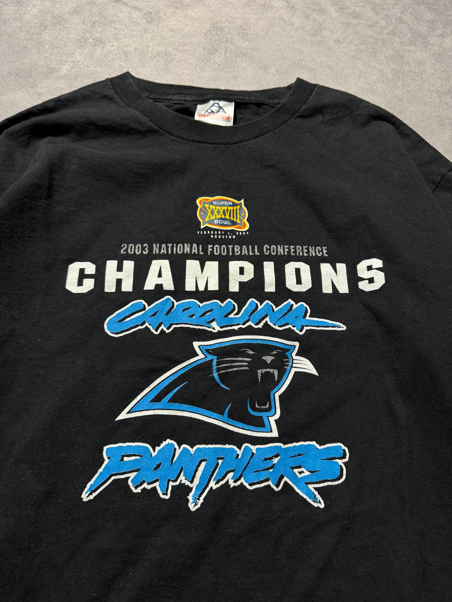 2003 Carolina Panthers Vintage Black NFC Champions Super Bowl XXXVIII Cat Scratch Font Longsleeve NFL Tee (Medium)