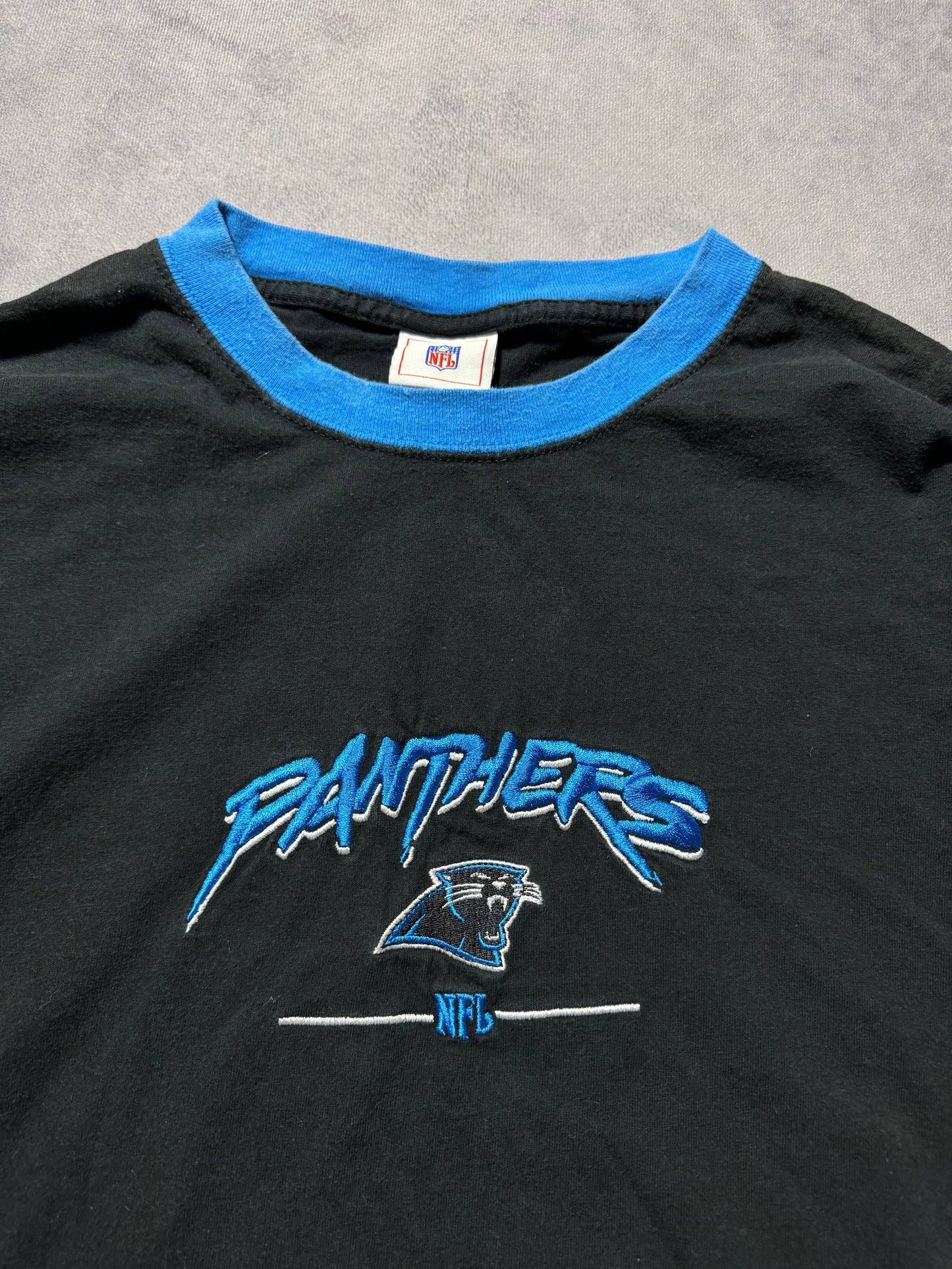 00’s Carolina Panthers Vintage Black Cat Scratch Font Embroidered NFL Tee (XXL)
