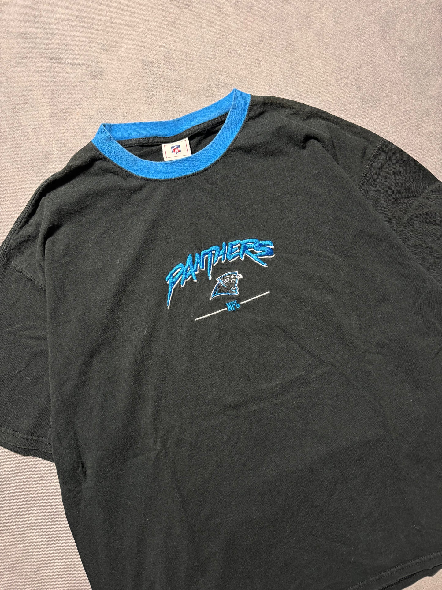 00’s Carolina Panthers Vintage Black Cat Scratch Font Embroidered NFL Tee (XXL)