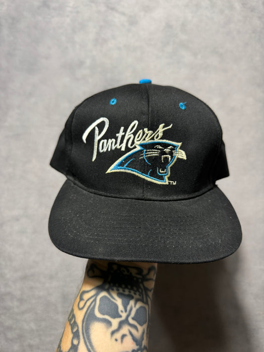90’s Carolina Panthers Vintage Black Embroidered Spellout NFL Snapback Hat (OSFA)