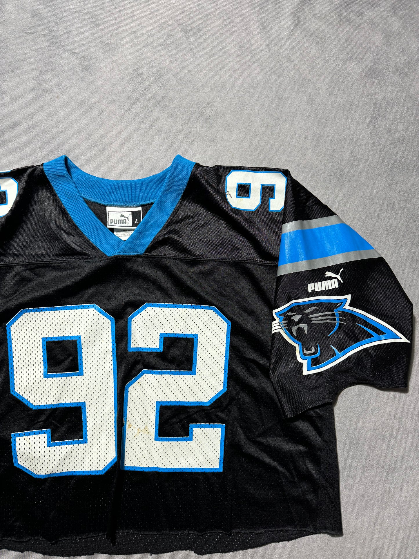 2000 Carolina Panthers Reggie White Vintage Black Puma Cropped NFL Jersey (Boxy XL)