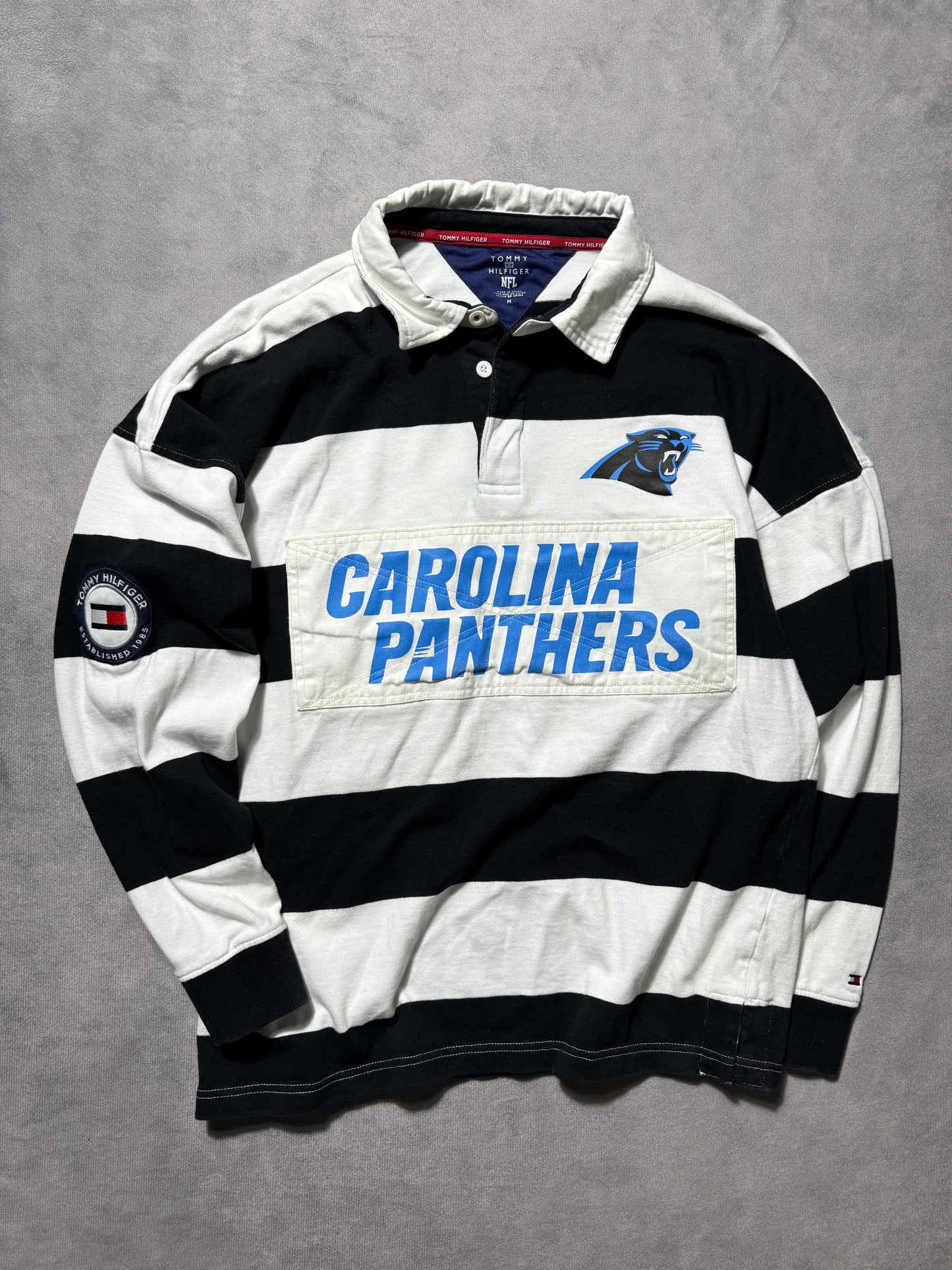 2010’s Carolina Panthers x Tommy Hilfiger #95 Heavyweight NFL Striped Rugby Shirt (Medium)