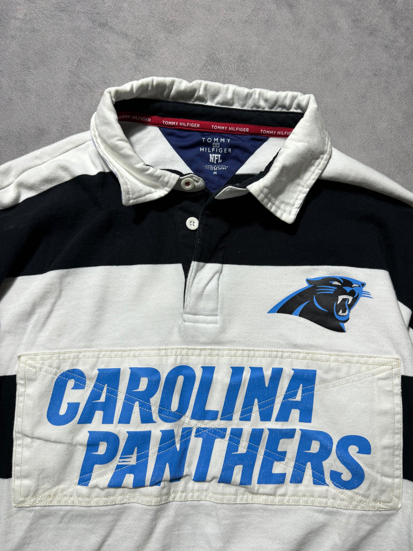 2010’s Carolina Panthers x Tommy Hilfiger #95 Heavyweight NFL Striped Rugby Shirt (Medium)