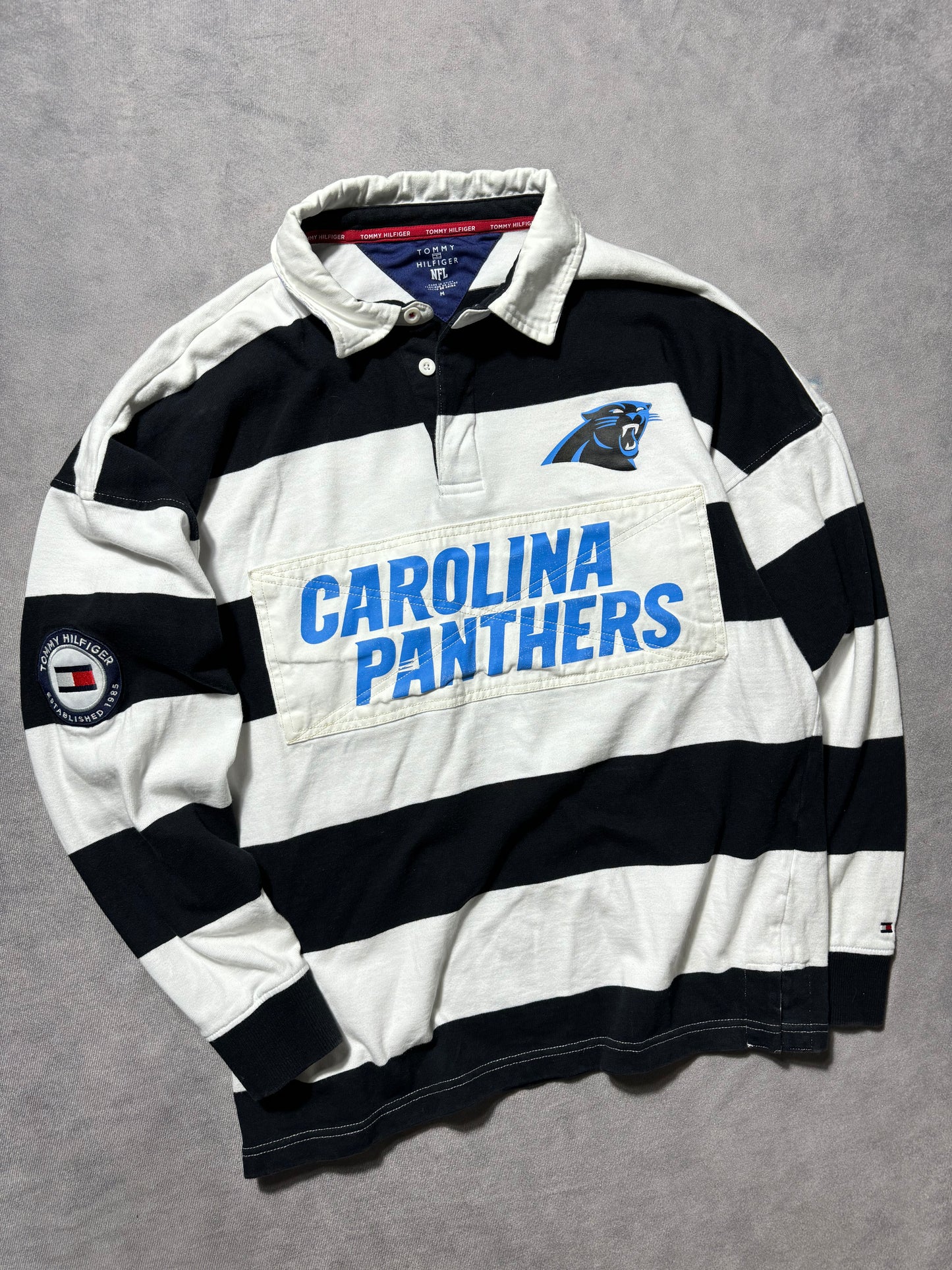 2010’s Carolina Panthers x Tommy Hilfiger #95 Heavyweight NFL Striped Rugby Shirt (Medium)