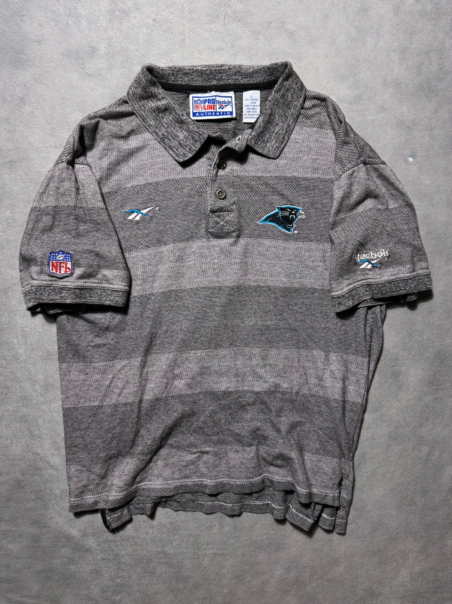 1995 Carolina Panthers Vintage Grey Striped Reebok NFL Pro Line Sideline Collared Polo Shirt (Medium)