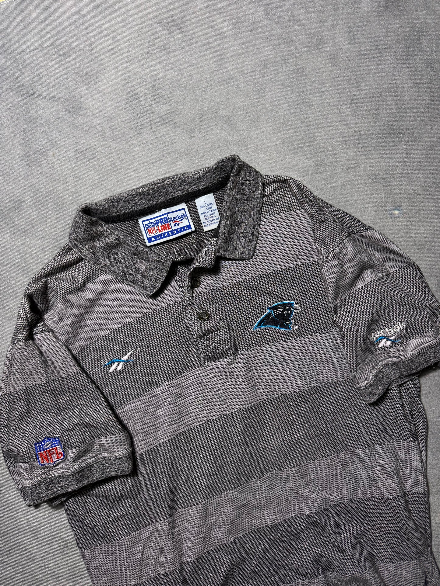 1995 Carolina Panthers Vintage Grey Striped Reebok NFL Pro Line Sideline Collared Polo Shirt (Medium)