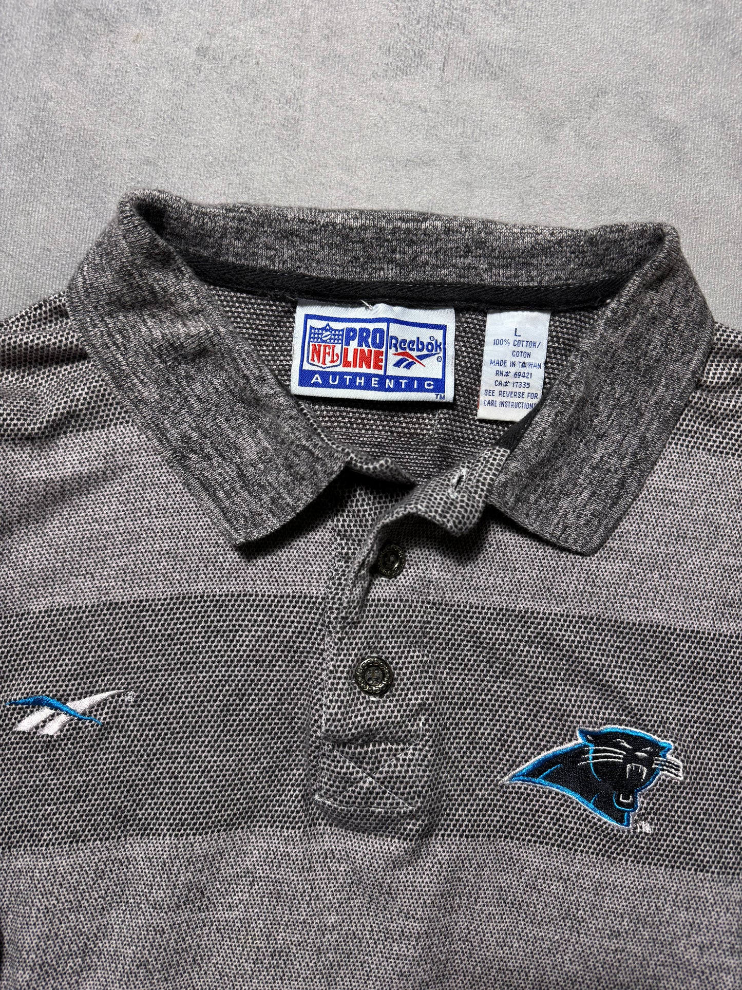 1995 Carolina Panthers Vintage Grey Striped Reebok NFL Pro Line Sideline Collared Polo Shirt (Medium)