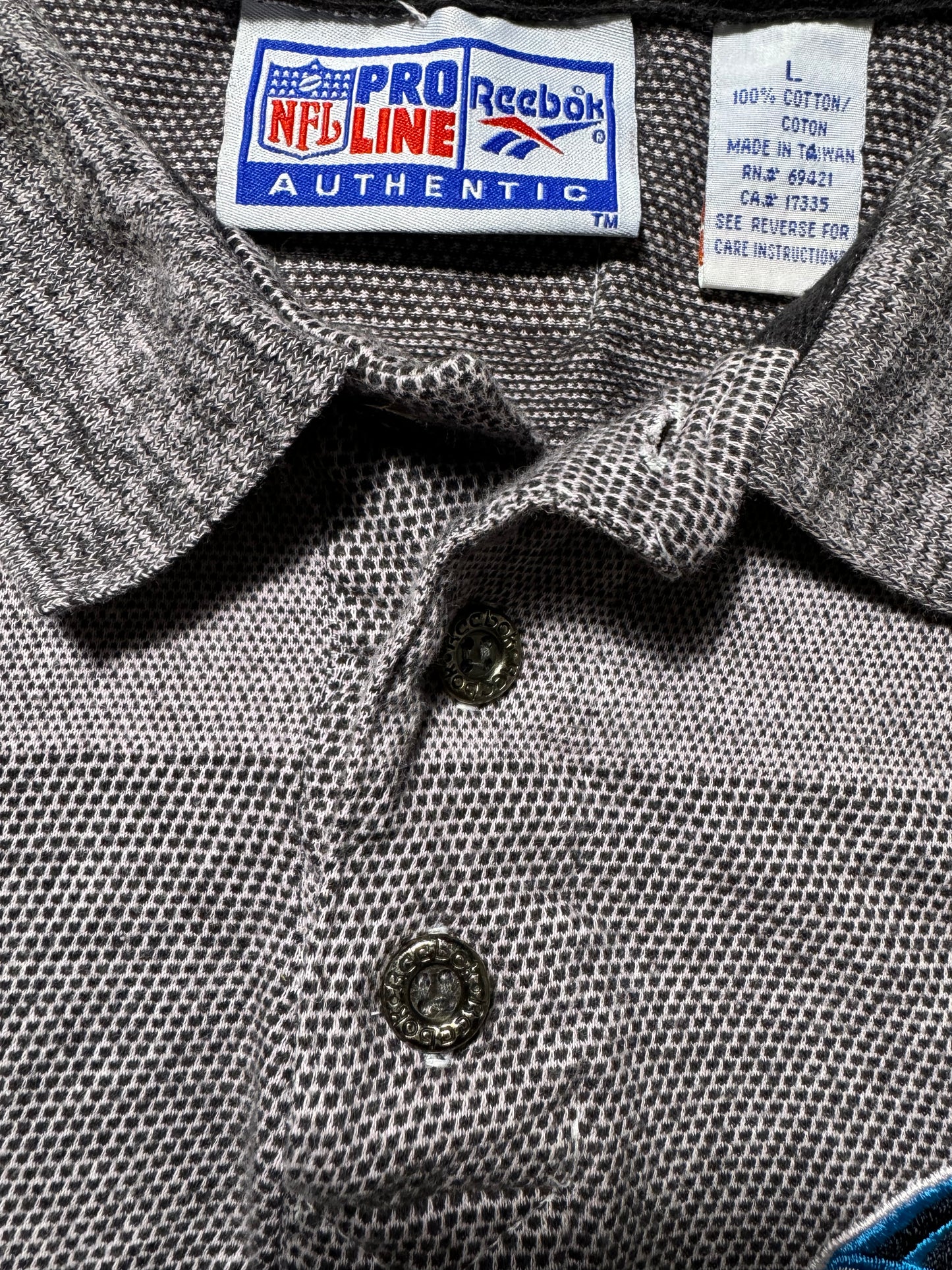 1995 Carolina Panthers Vintage Grey Striped Reebok NFL Pro Line Sideline Collared Polo Shirt (Medium)