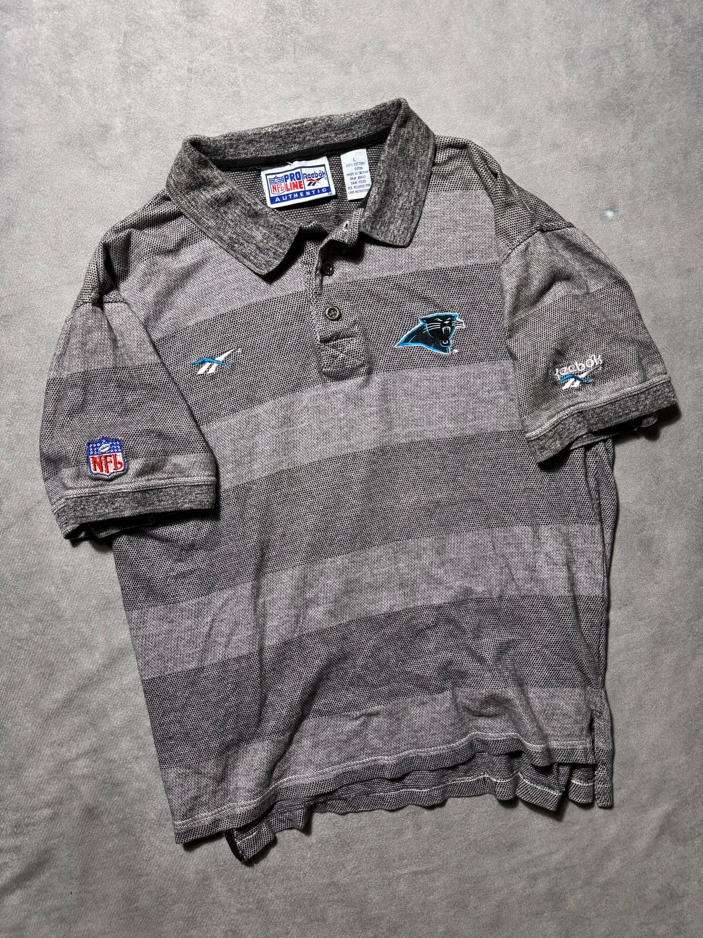 1995 Carolina Panthers Vintage Grey Striped Reebok NFL Pro Line Sideline Collared Polo Shirt (Medium)
