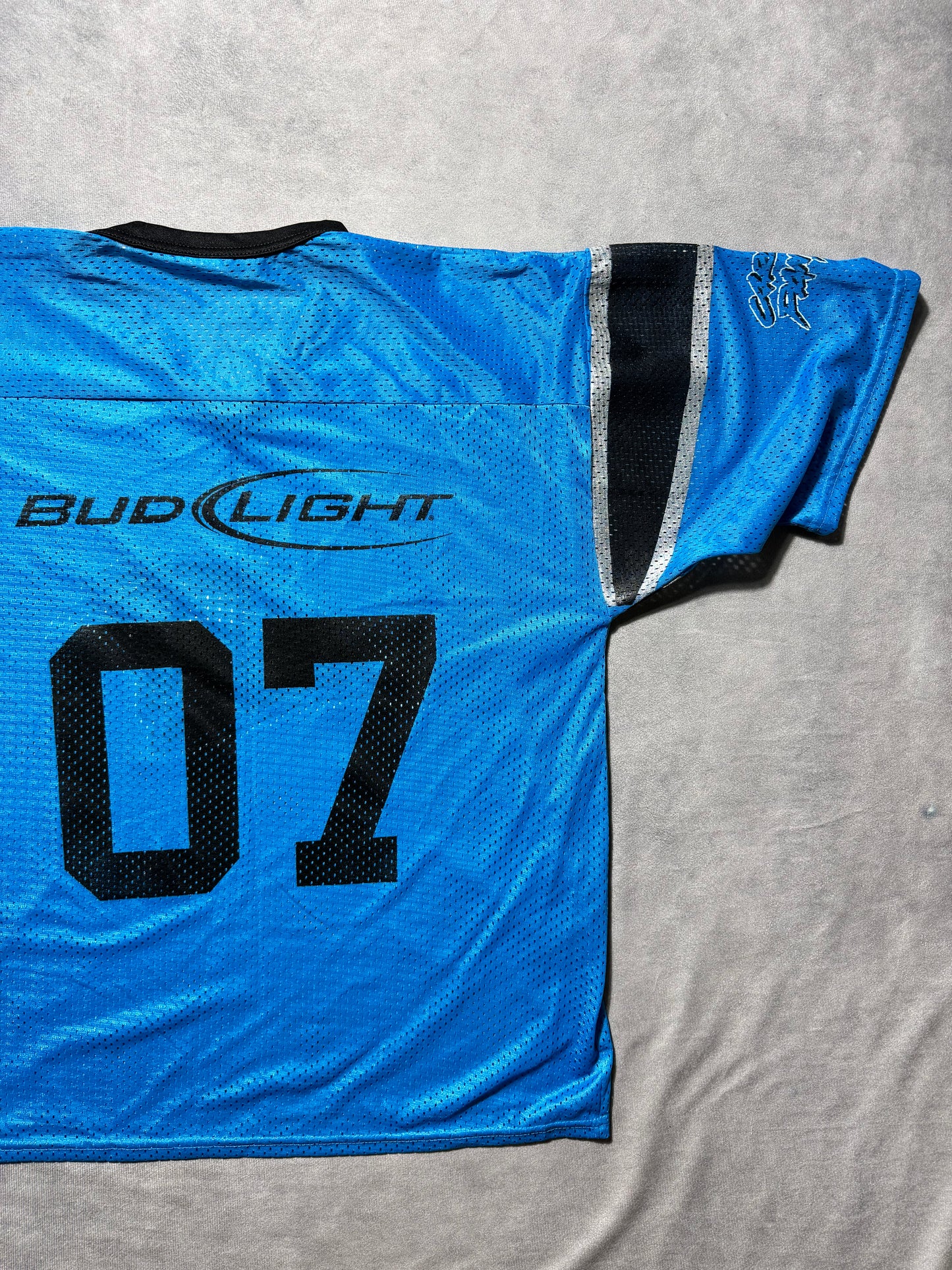 2007 Carolina Panthers x Bud Light Blue Mesh Cat Scratch Font Practice Style NFL Jersey (XL)