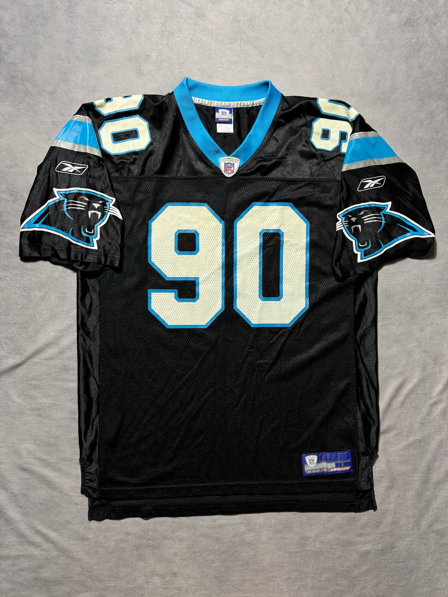 2002 Carolina Panthers Julius Peppers Vintage Black Reebok Rare Font Rookie Season NFL Jersey (Large)