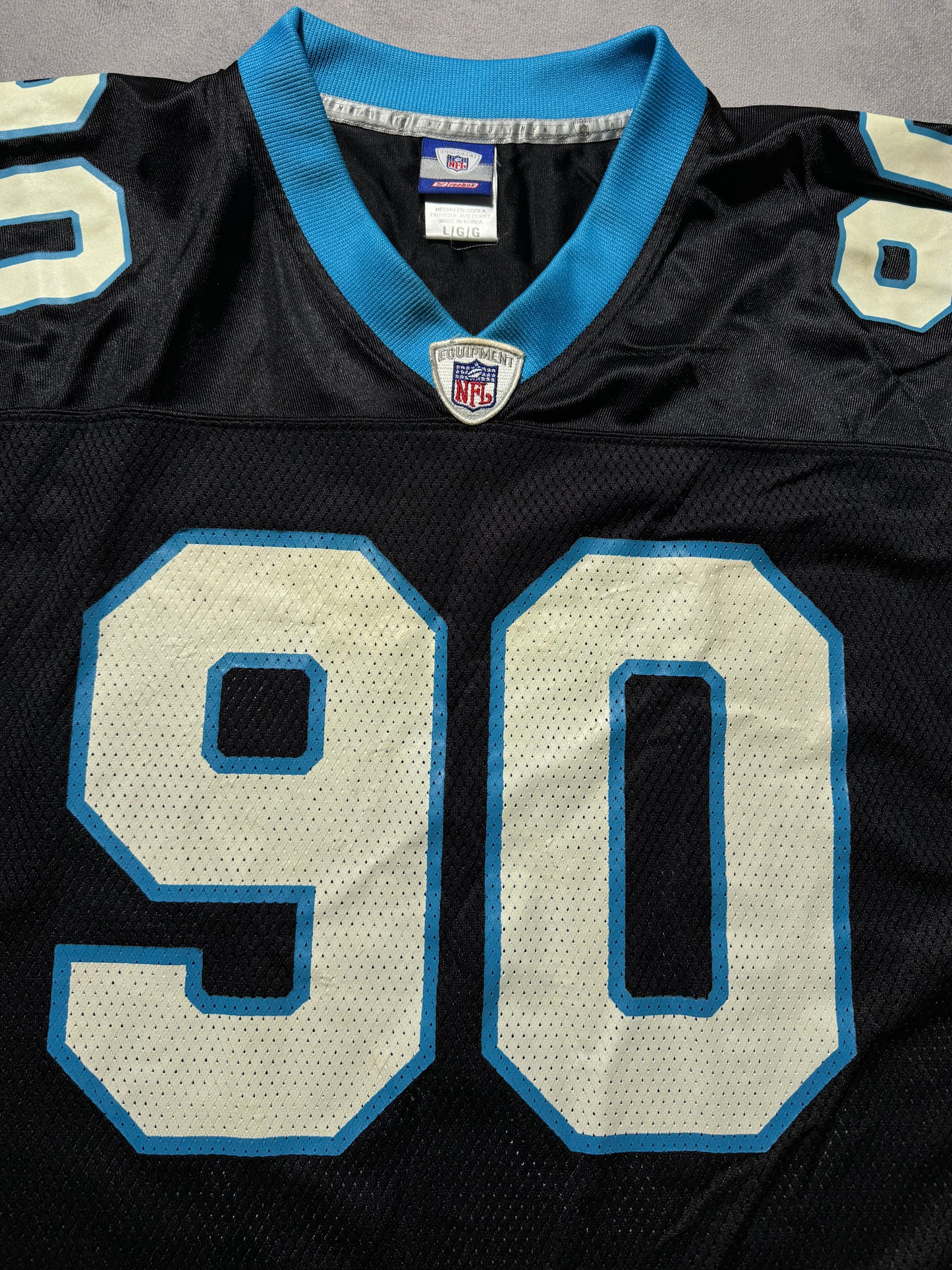 2002 Carolina Panthers Julius Peppers Vintage Black Reebok Rare Font Rookie Season NFL Jersey (Large)