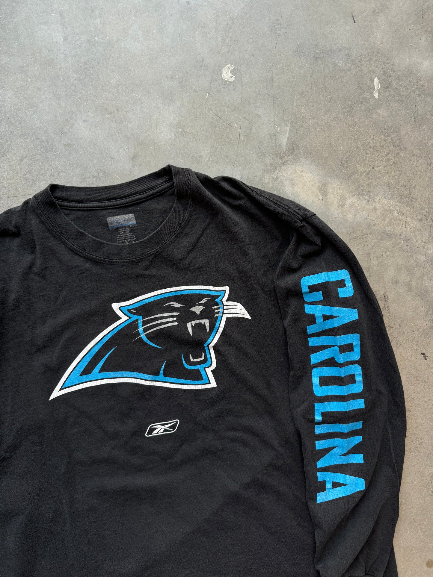 00’s Carolina Panthers Vintage Black Big Logo Spellout Reebok NFL Longsleeve Tee (Large)